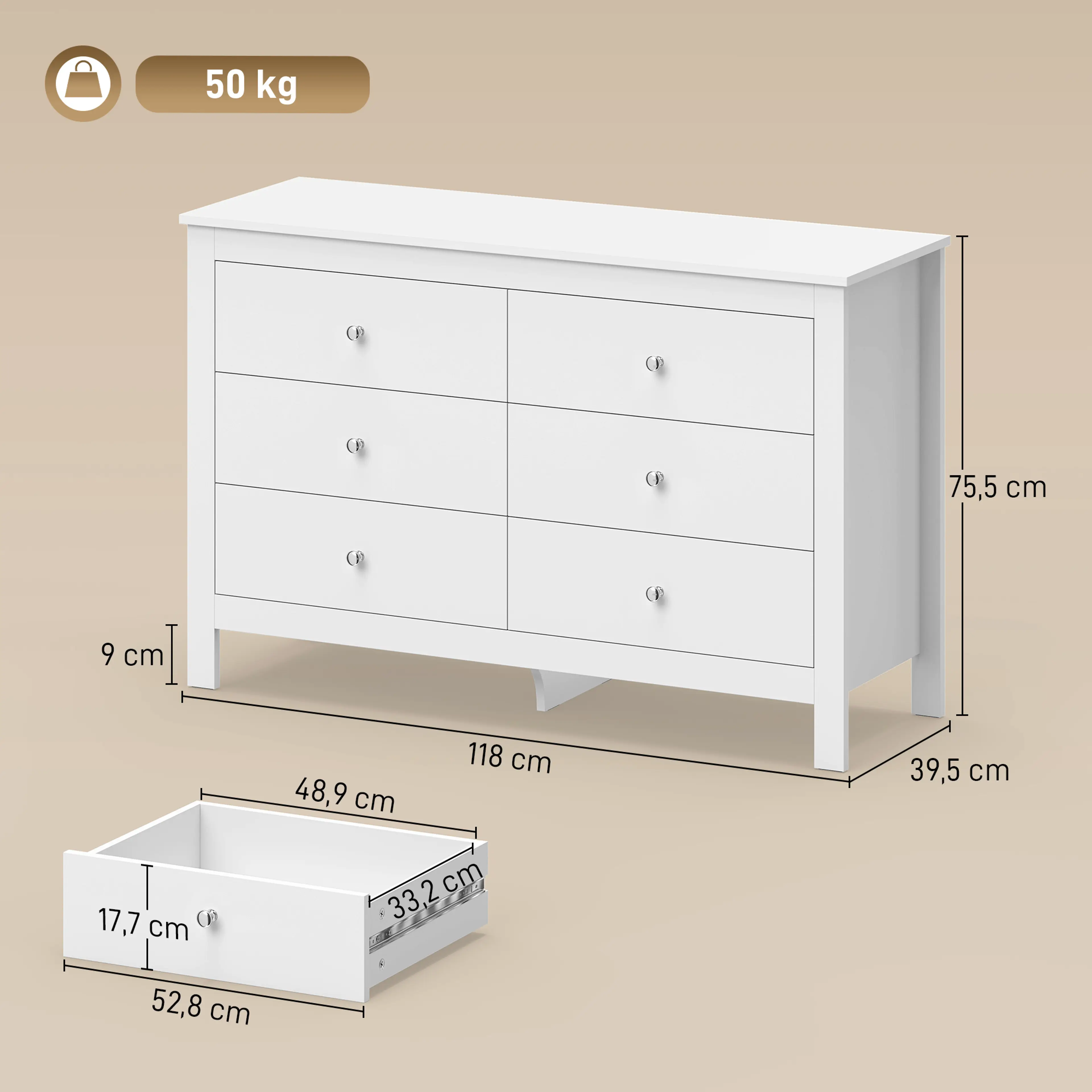 Måttbild: byrån är 118 cm bred, 39,5 cm djup och 75,5 cm hög, med 9 cm ben
