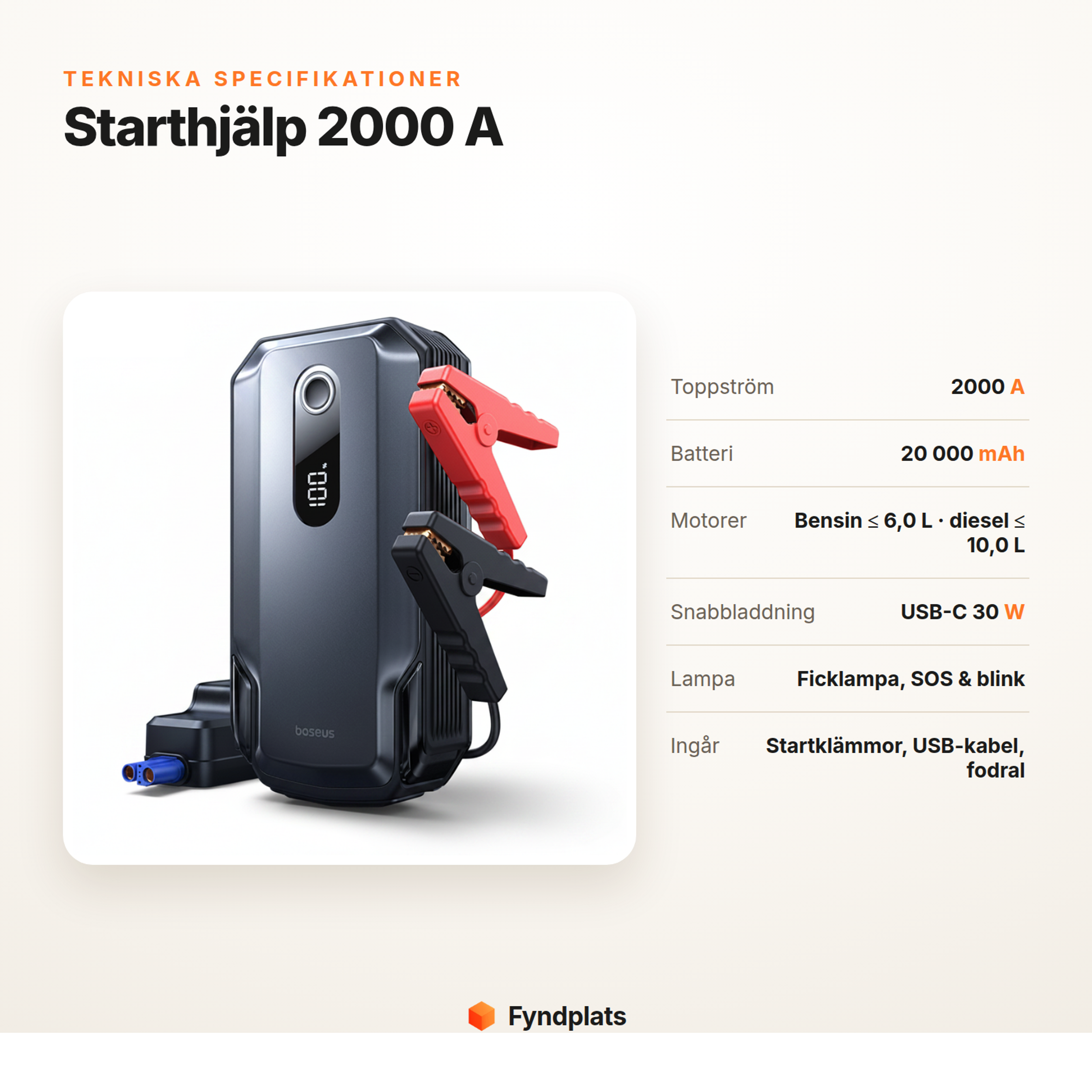 Fyndplats-kort: tekniska specifikationer för Baseus starthjälp 2000 A