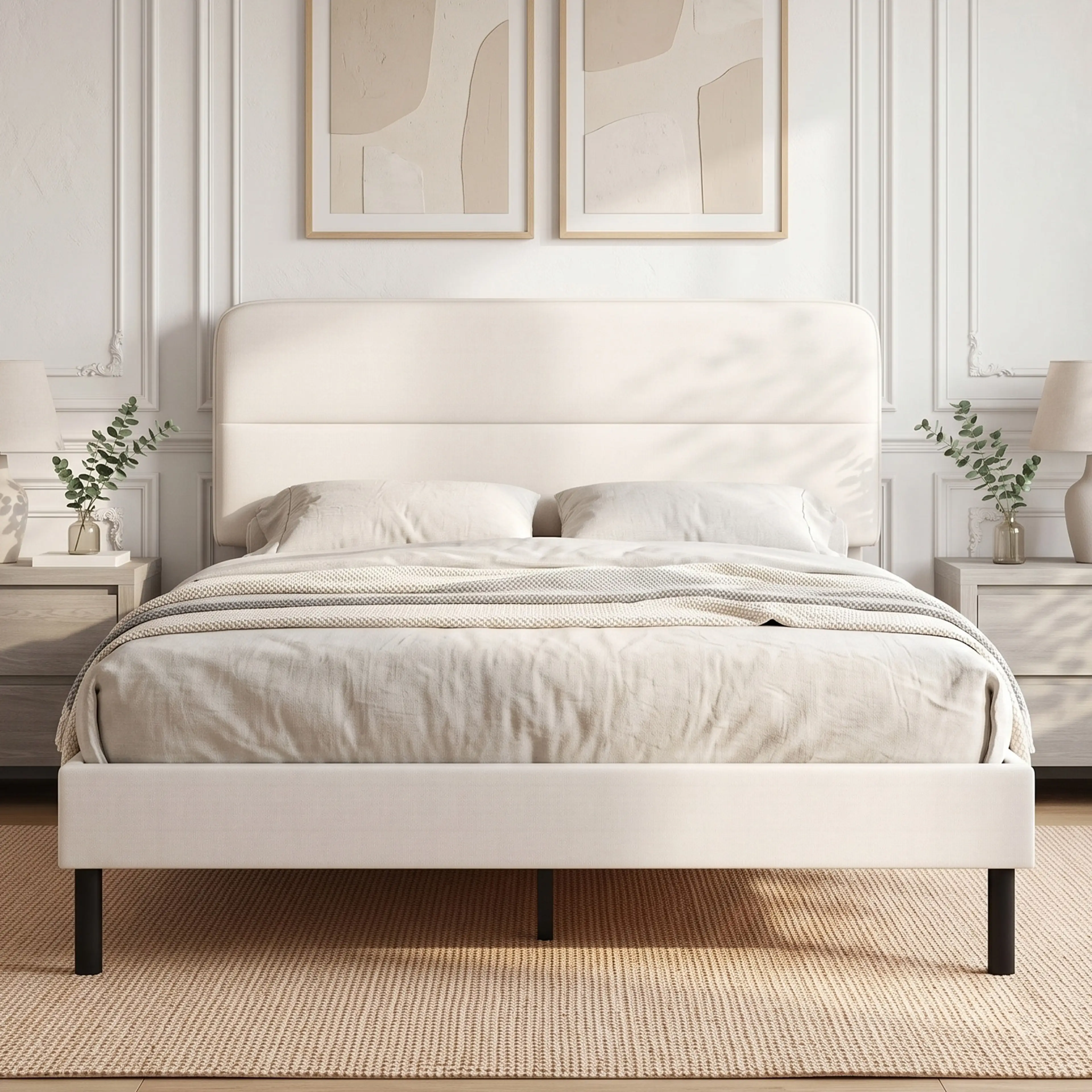 Sängramen bäddad med beige sängkläder i ett ljust sovrum med tavlor ovanför