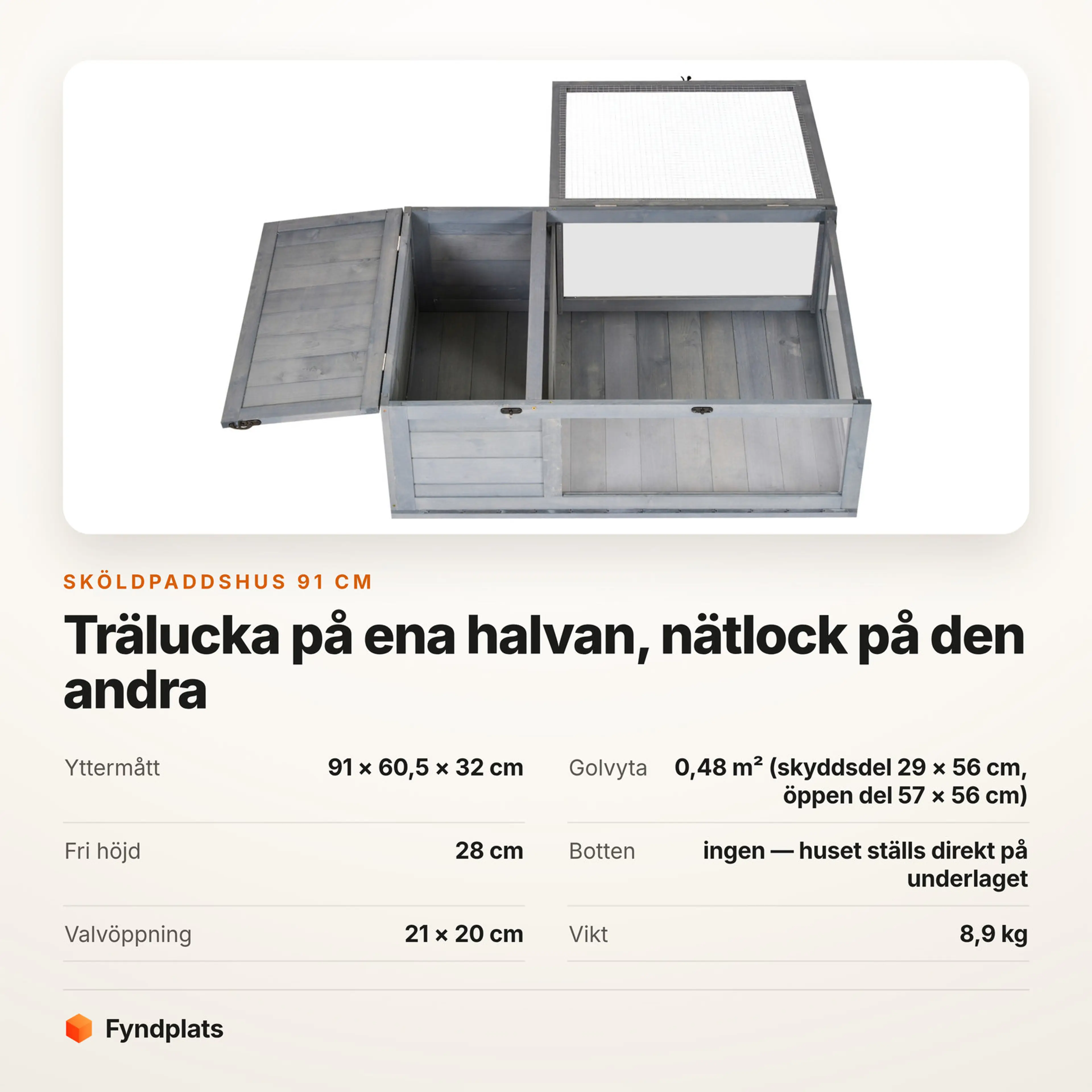 Faktakort: 0,48 m² golvyta, 28 cm fri höjd och ett valv på 21 × 20 cm mellan skyddsdel och öppen del