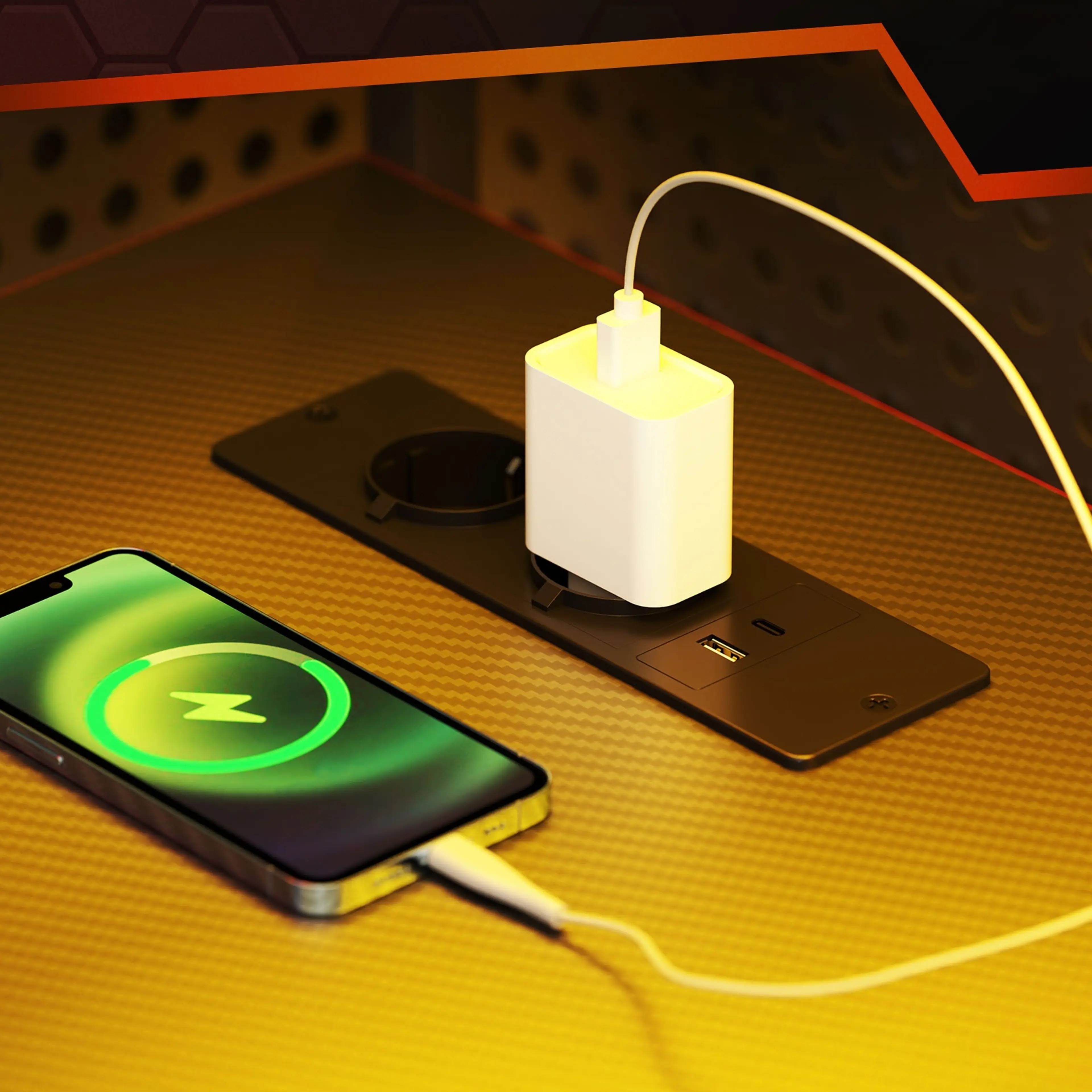 Inbyggda eluttag och USB-portar laddar en telefon på gamingbordet