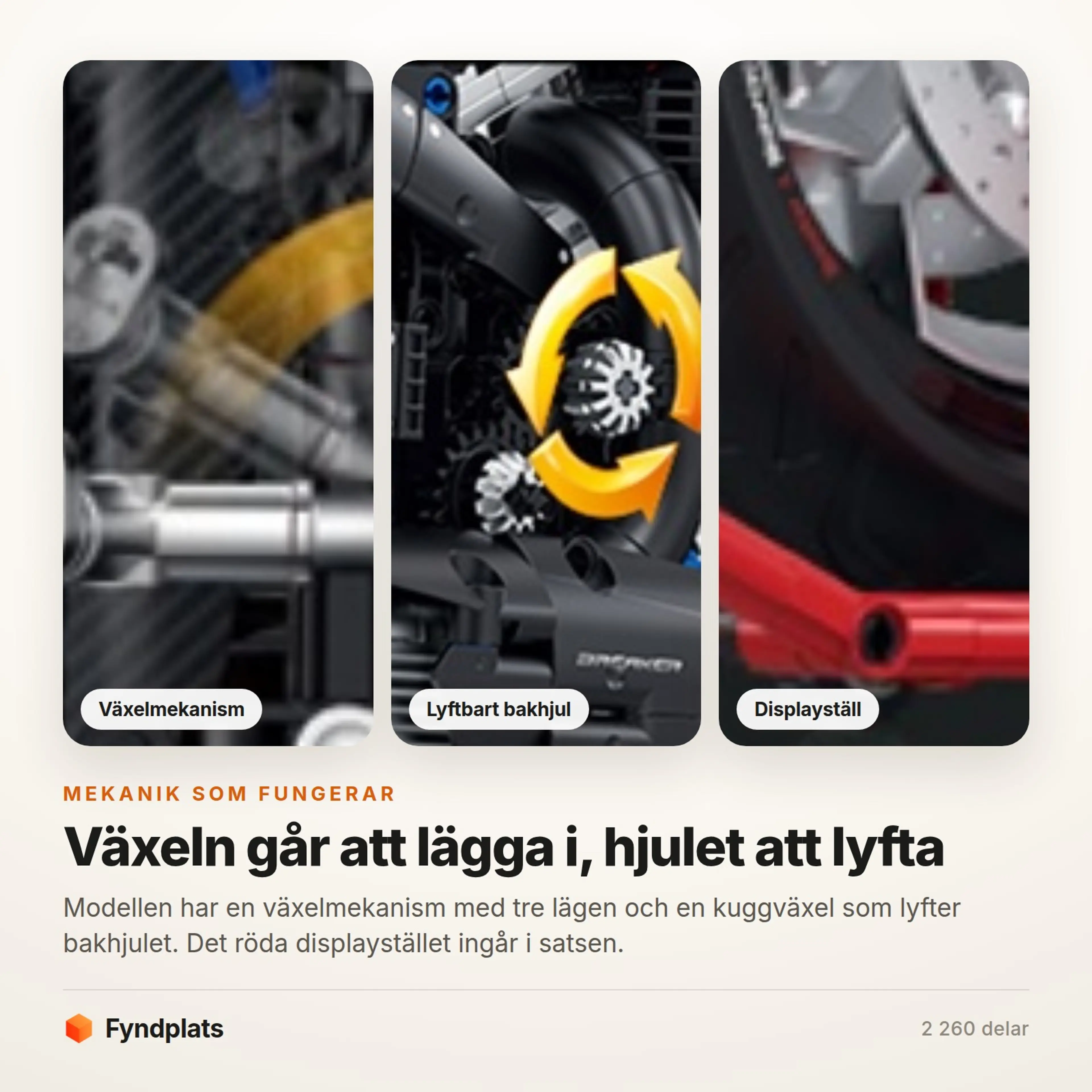 Fyndplats-kort: närbilder på växelmekanismen, kuggväxeln som lyfter bakhjulet och det röda displaystället