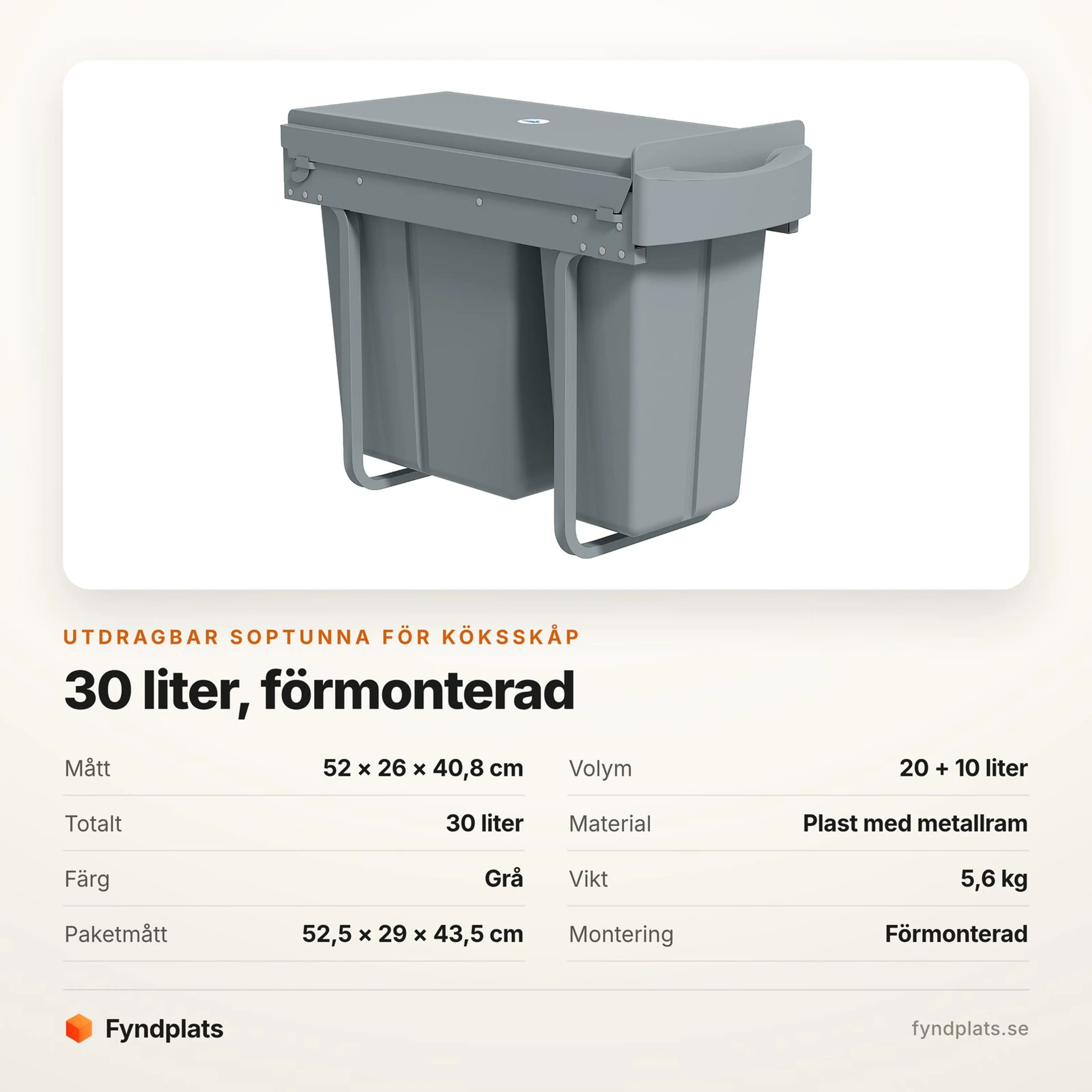 Spec-kort med mått, volym och vikt för den utdragbara soptunnan