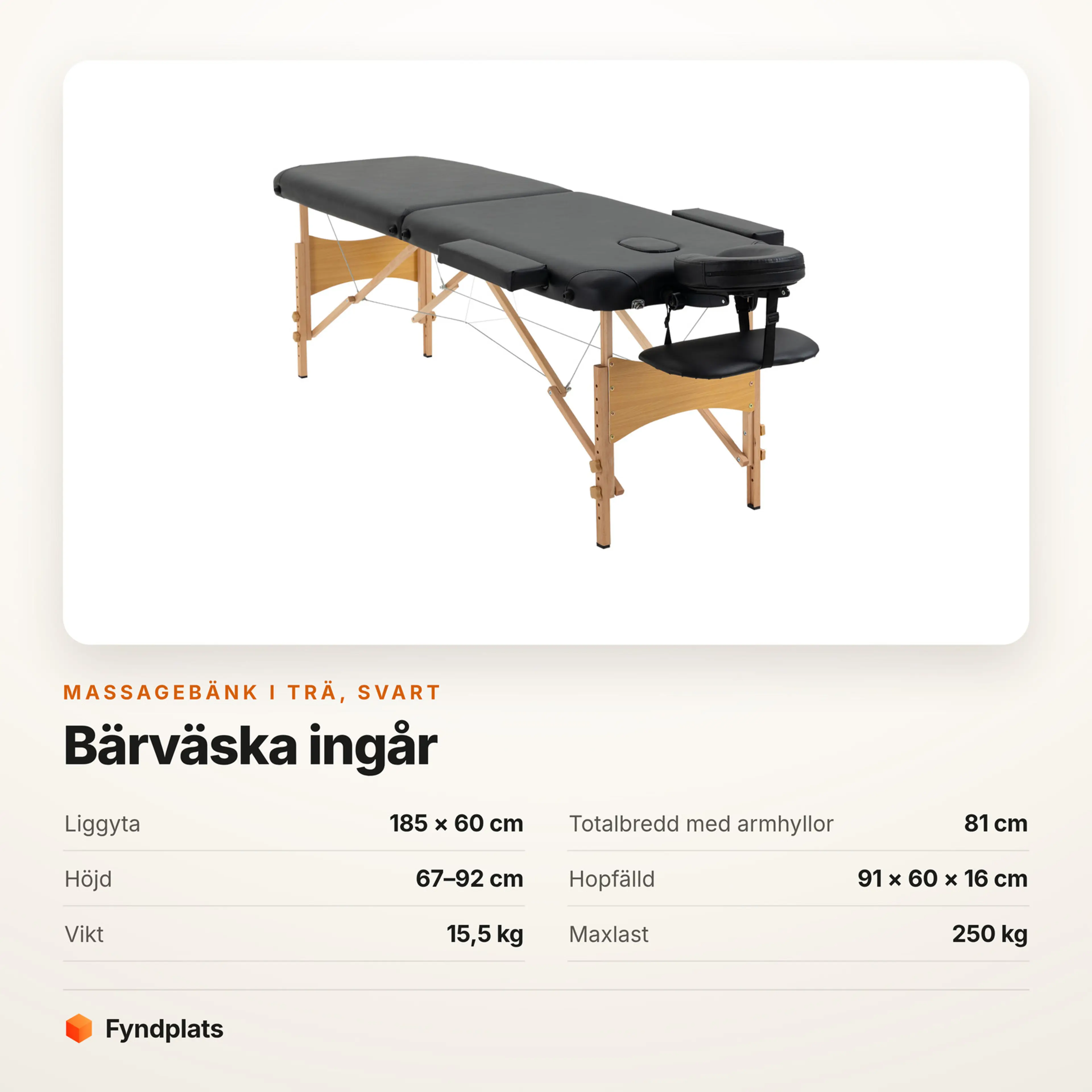 Faktakort: massagebänk i trä svart, liggyta, höjd och maxlast