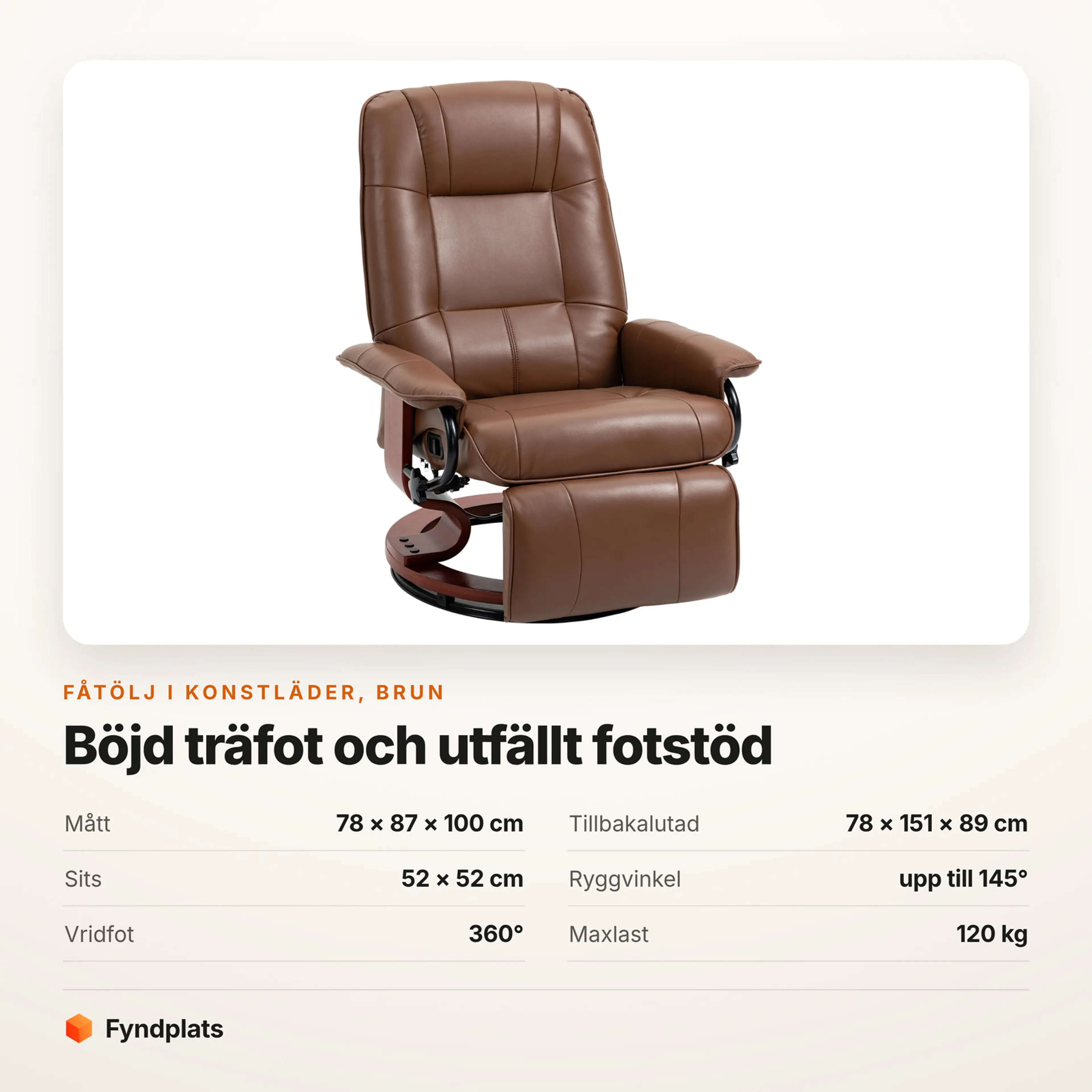 Fåtölj i konstläder med 360° vridfot, rygg till 145° – Faktakort med mått, ryggvinkel, vridfot och maxlast