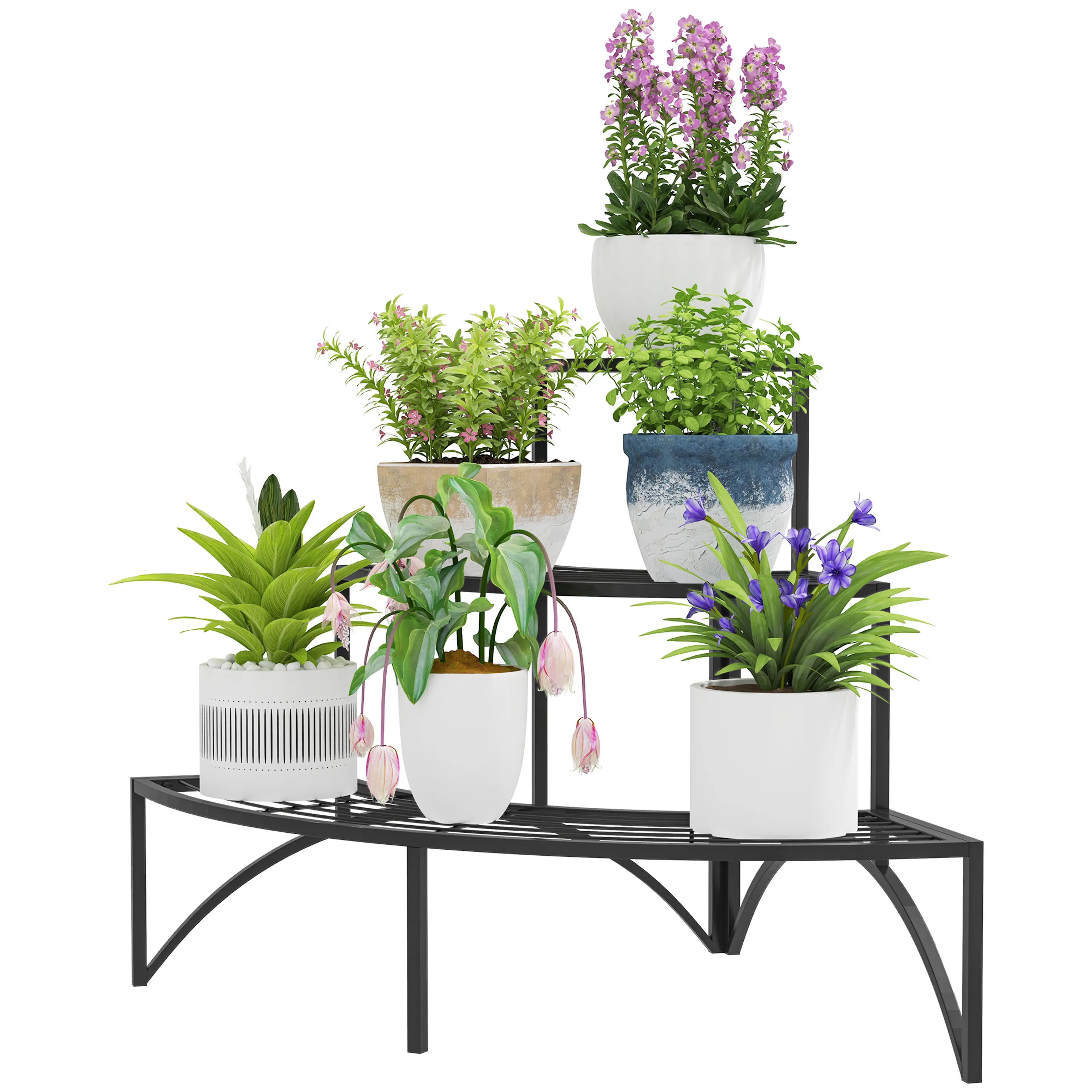 Hörnblomställ i tre plan – kvartscirkelformade hyllor, svart metall, bär 30 kg