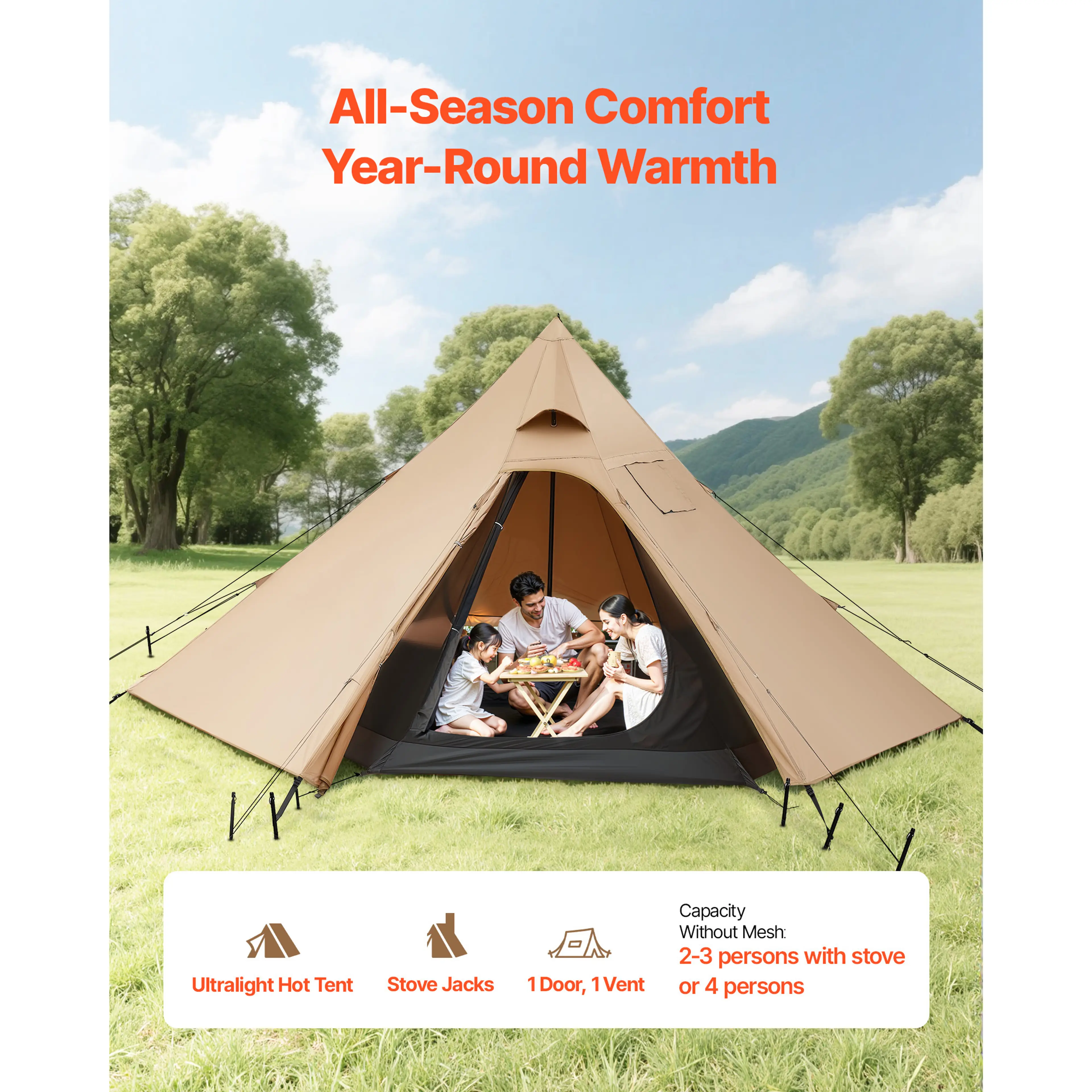 Varmtält tipi 4 personer – 3,2 m pyramidtält med kaminuttag & myggnät