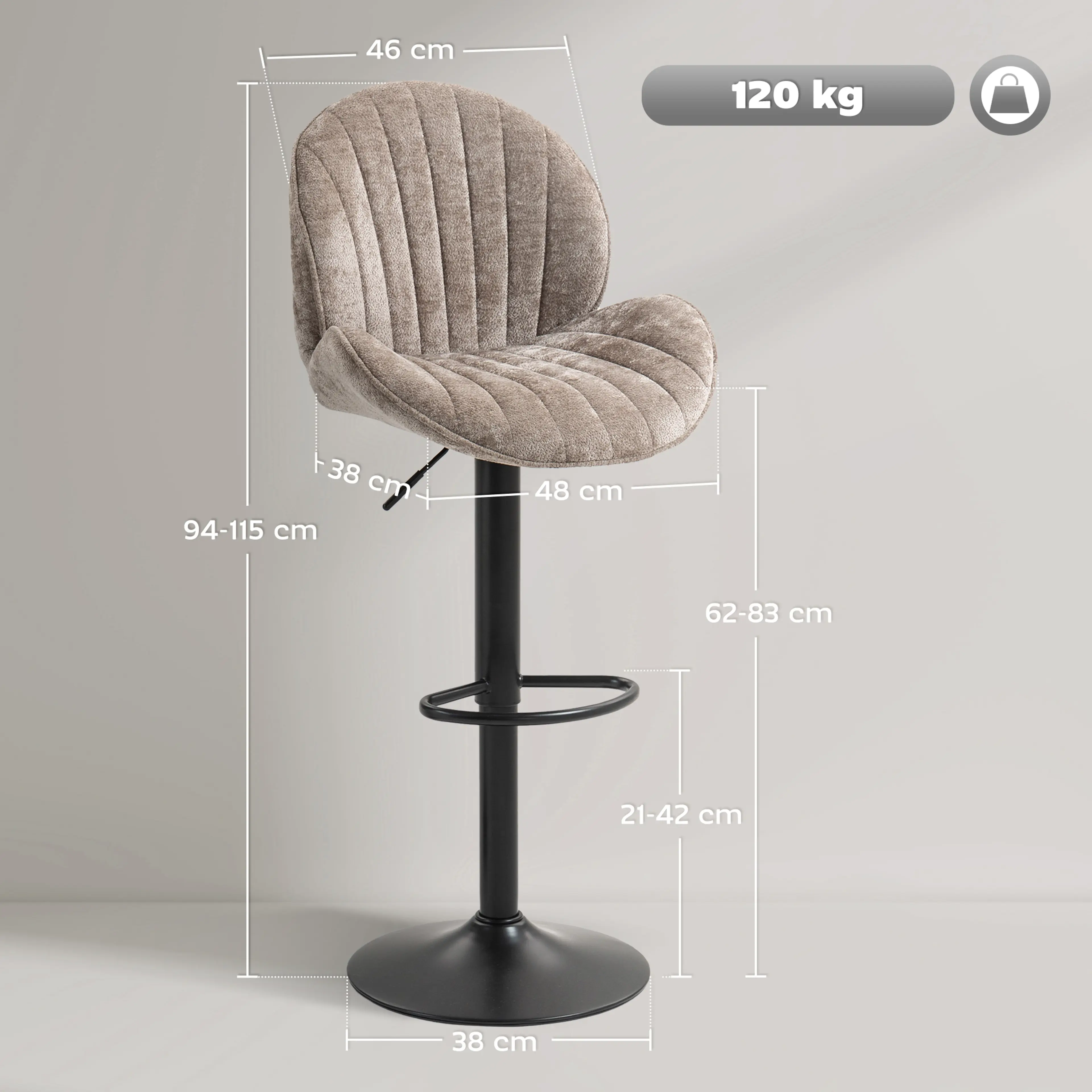 Måttskiss: 48 cm bred, 38 cm djup sits, 94–115 cm hög, bärighet 120 kg