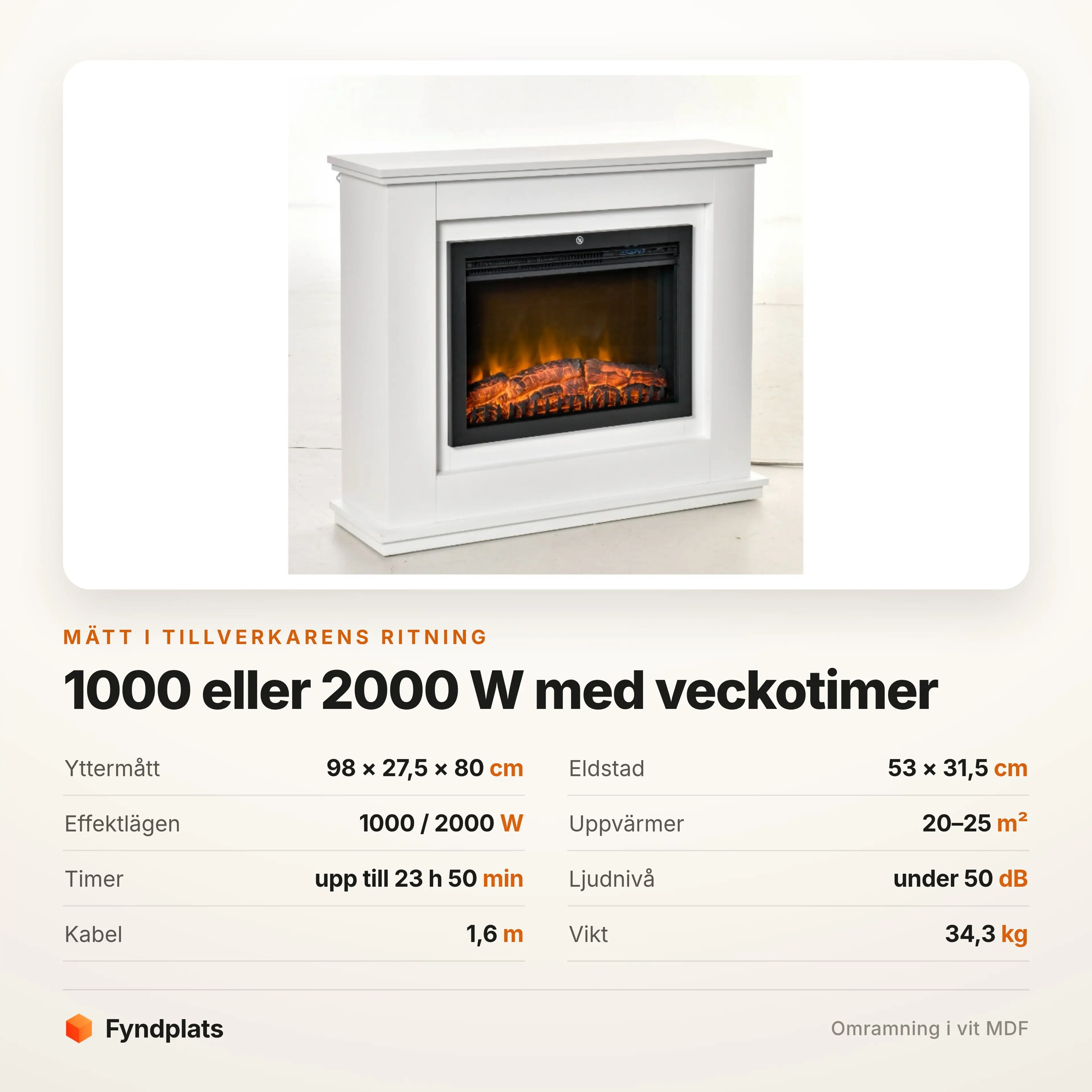 Specifikationer: 98 × 27,5 × 80 cm, 1000/2000 W, 20–25 m²
