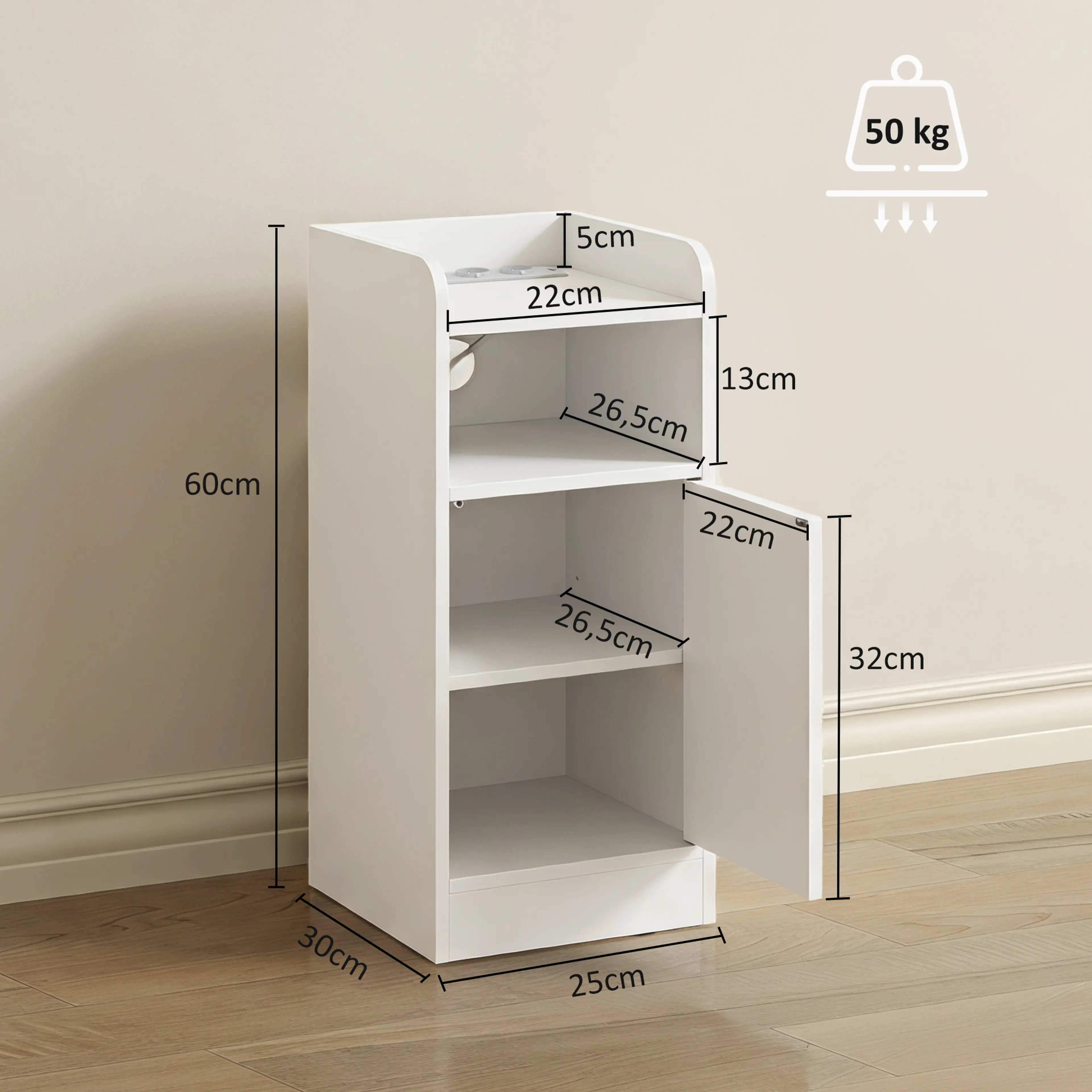 Måttritning över sängbordet: 25 cm brett, 30 cm djupt och 60 cm högt