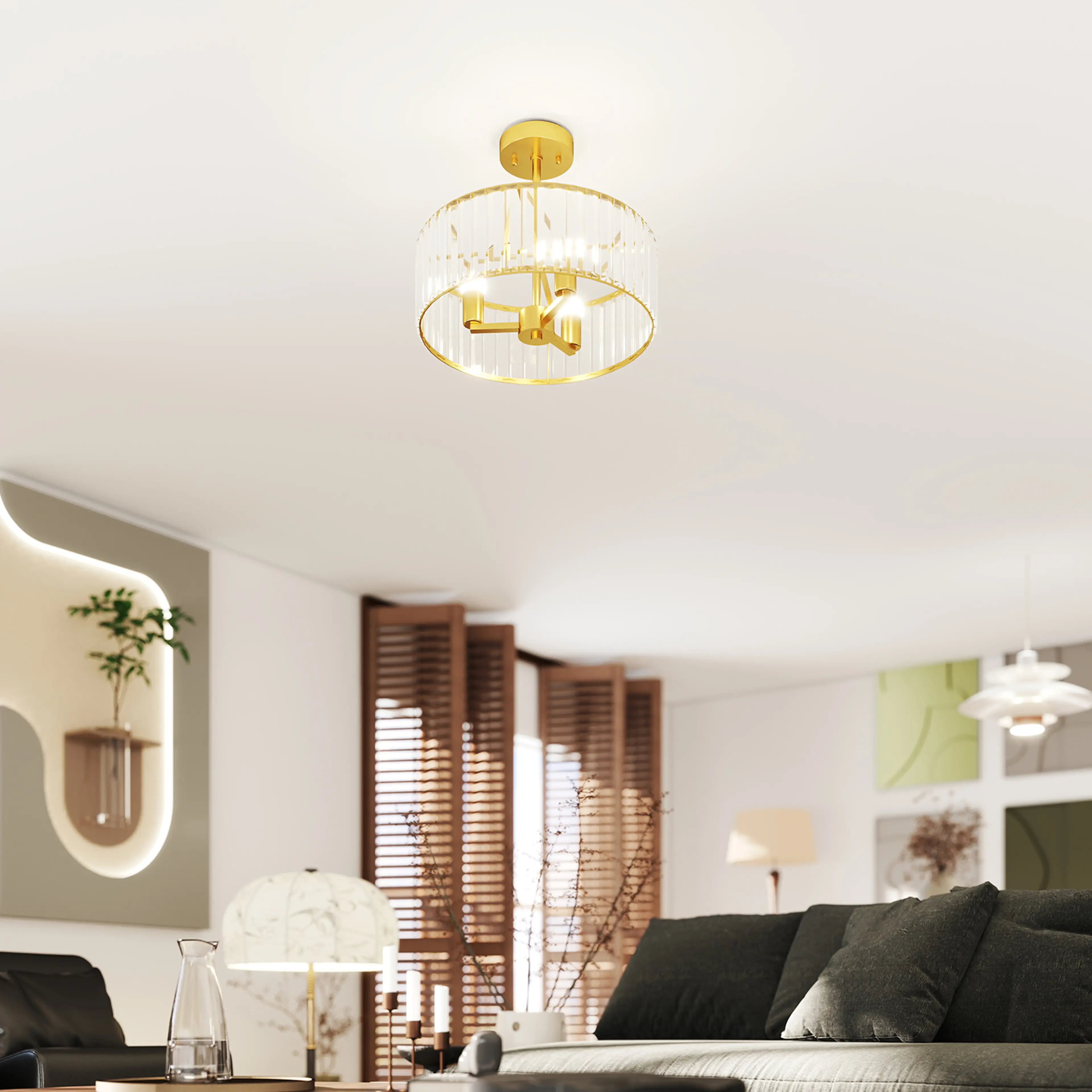 Taklampa i kristall Ø39 cm – semi-flush i guldton, 32 cm bygghöjd – bild 7