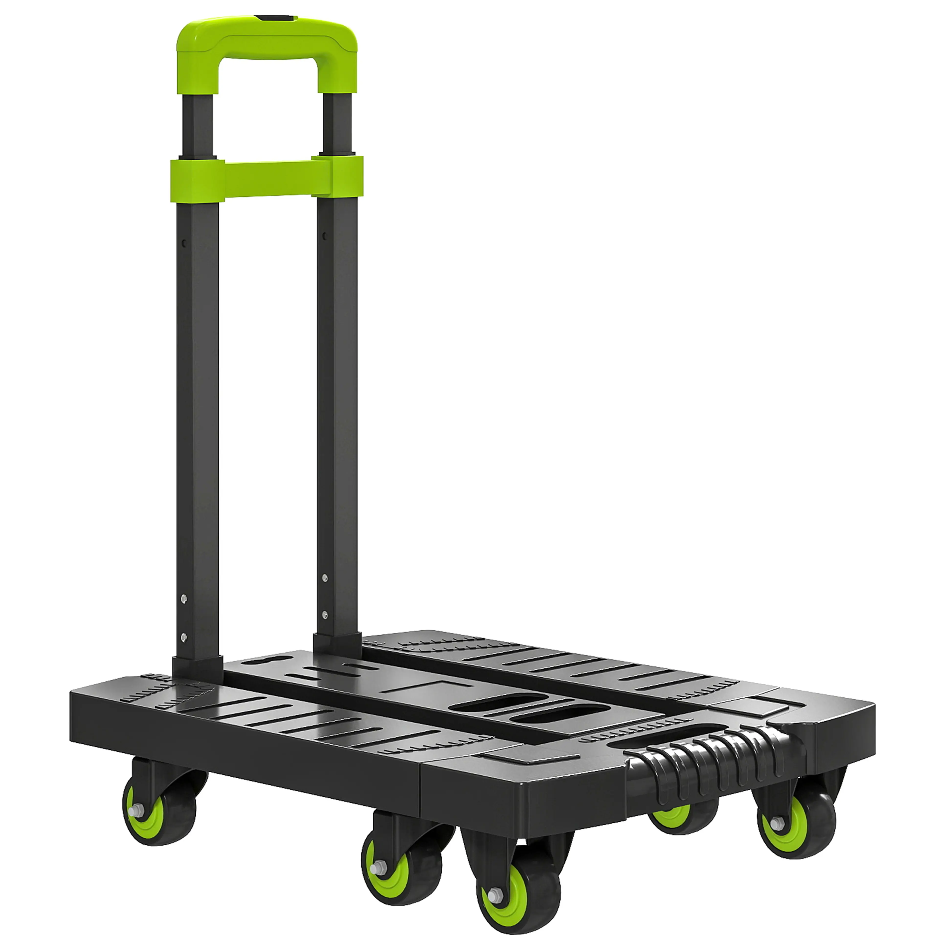 Hopfällbar transportvagn i svart och grönt med uppfällt handtag