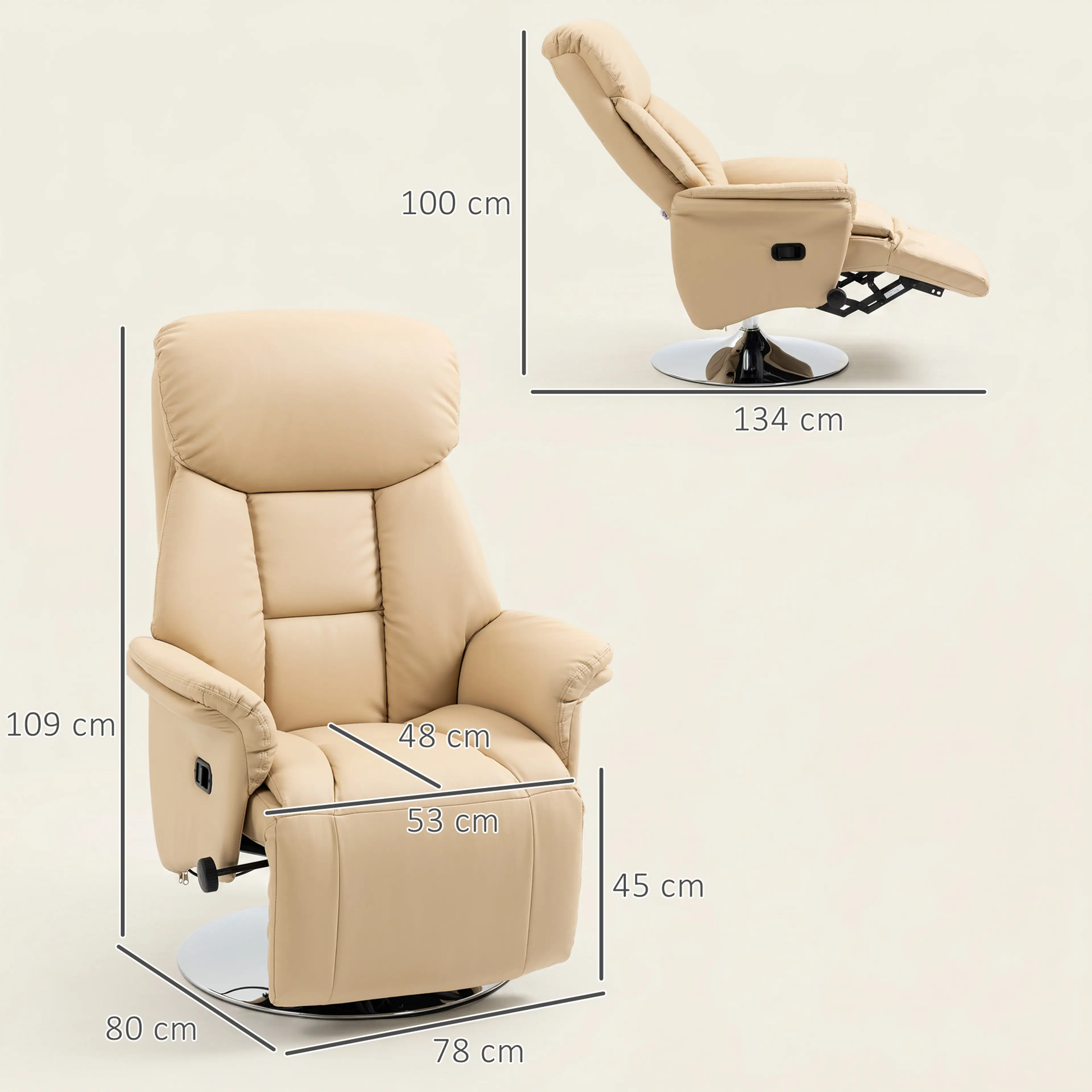 Fåtölj i konstläder med 360° vridfot, rygg till 130° i beige, måttskiss med mått i centimeter