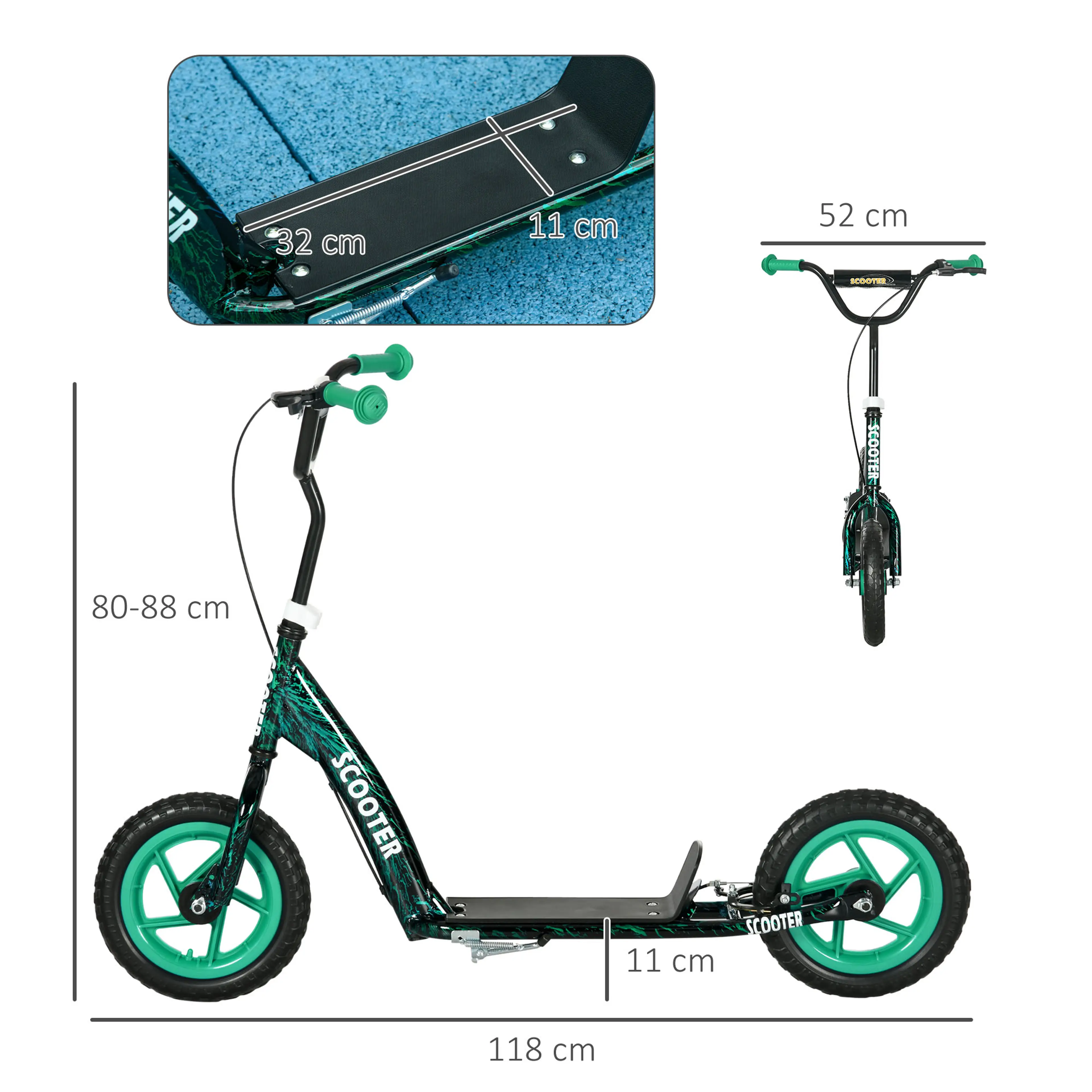 Måttritning för sparkcykel med gröna hjul: 118 cm lång och 11 cm markfrigång