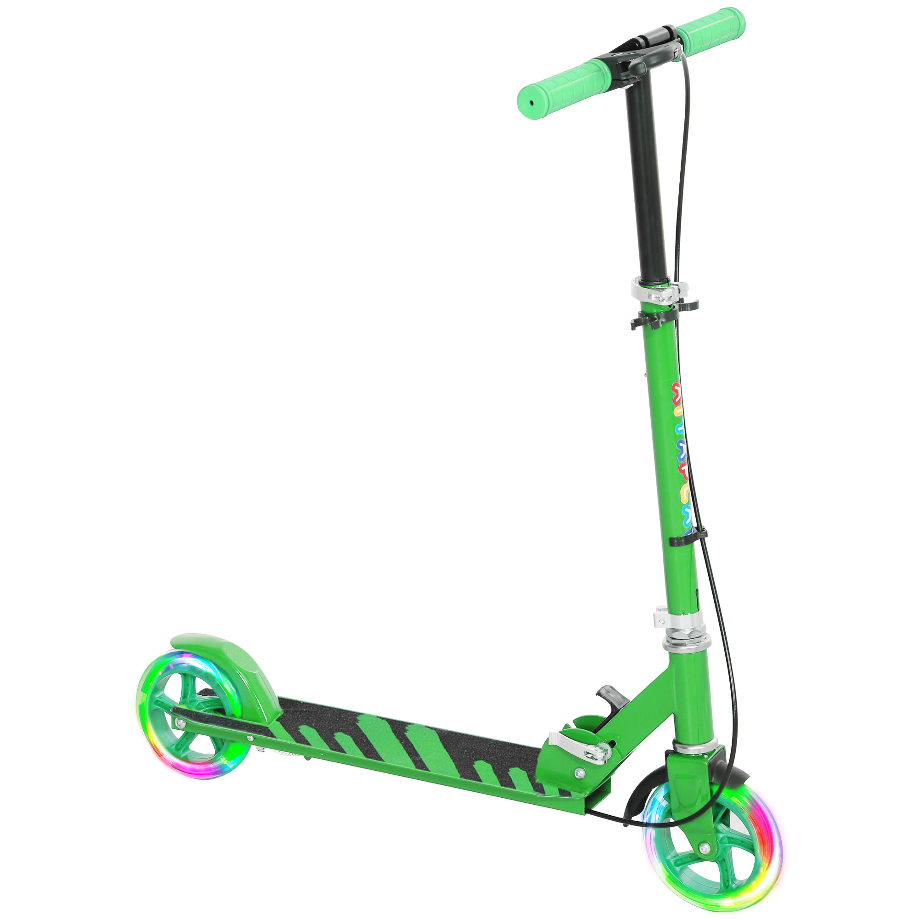Sparkcykel barn 3–8 år med lysande hjul – hopfällbar, två bromsar och stödben i färgen grön