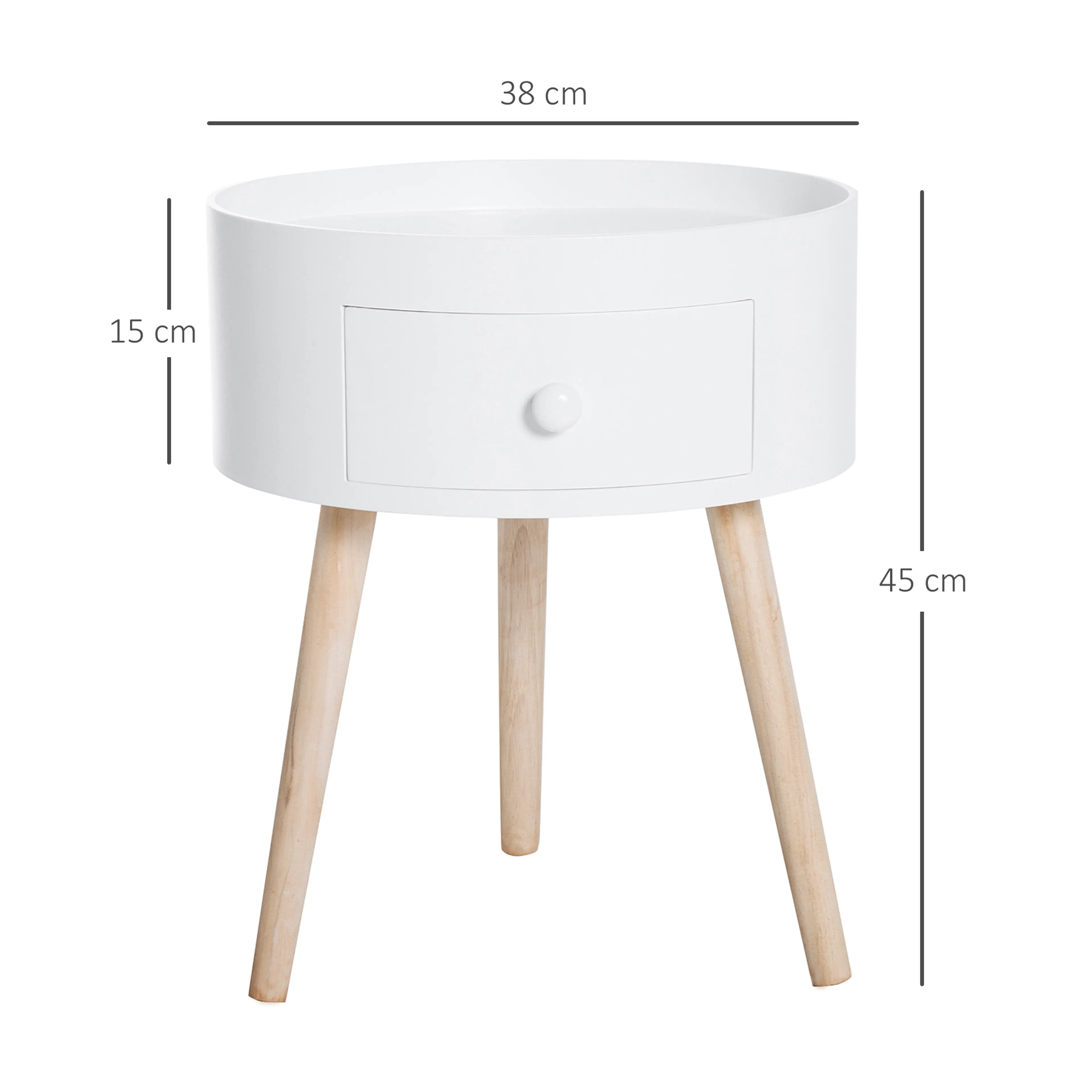 Måttritning för bordet: Ø 38 cm, 45 cm högt och 15 cm till lådans underkant