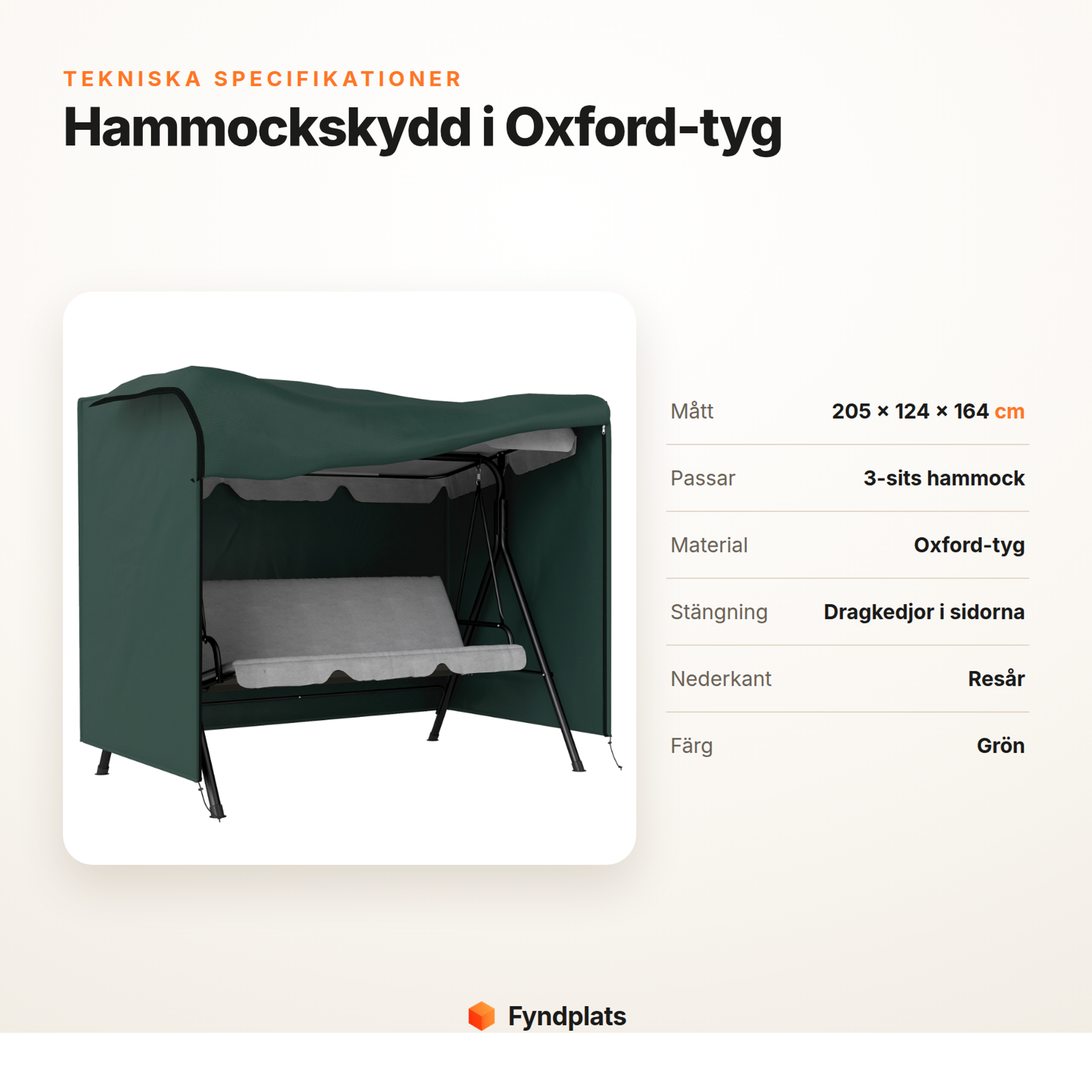Fyndplats specifikationskort för hammockskydd med mått, material och stängning