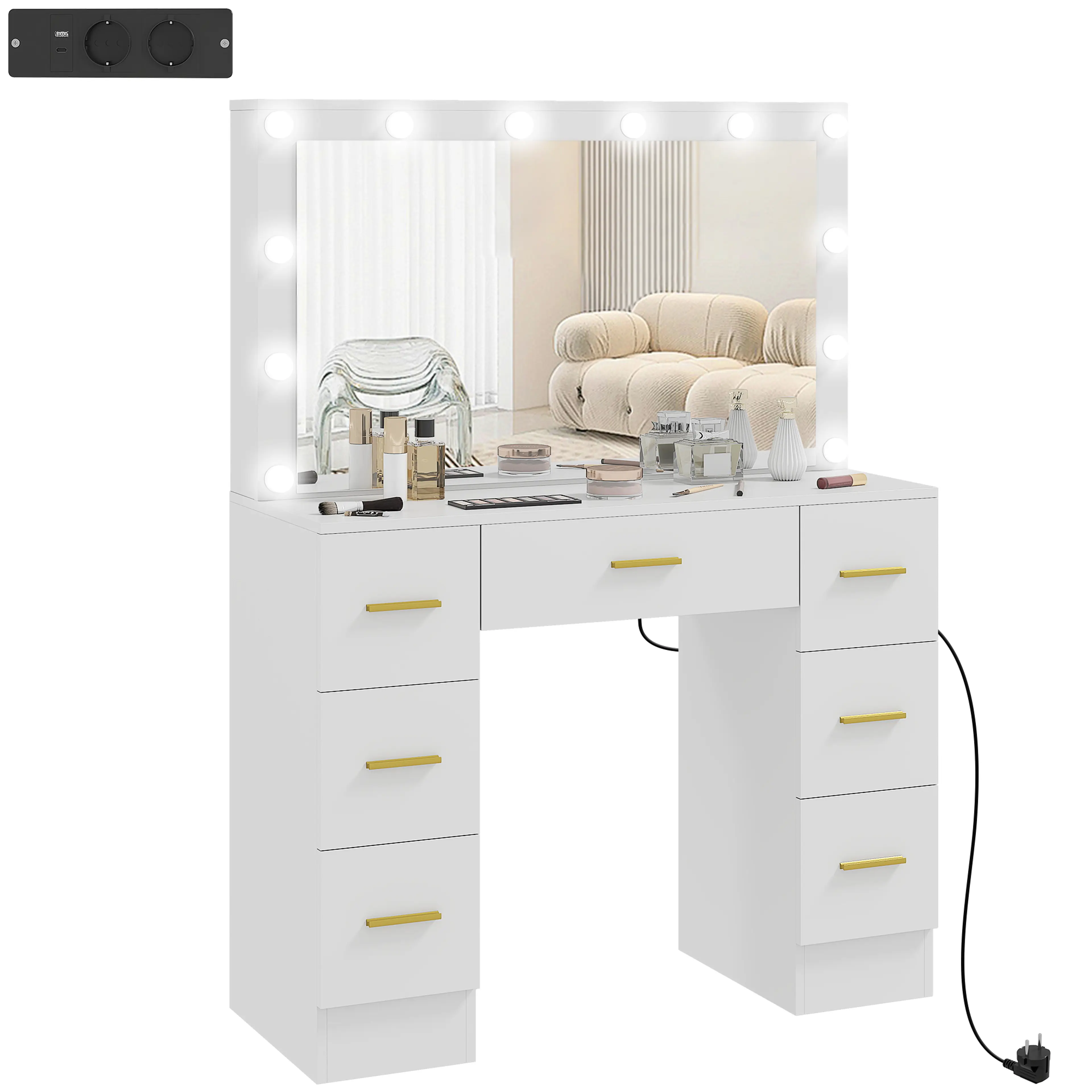 Sminkbord med spegel och 12 LED-lampor – sju lådor, eluttag och USB, vitt