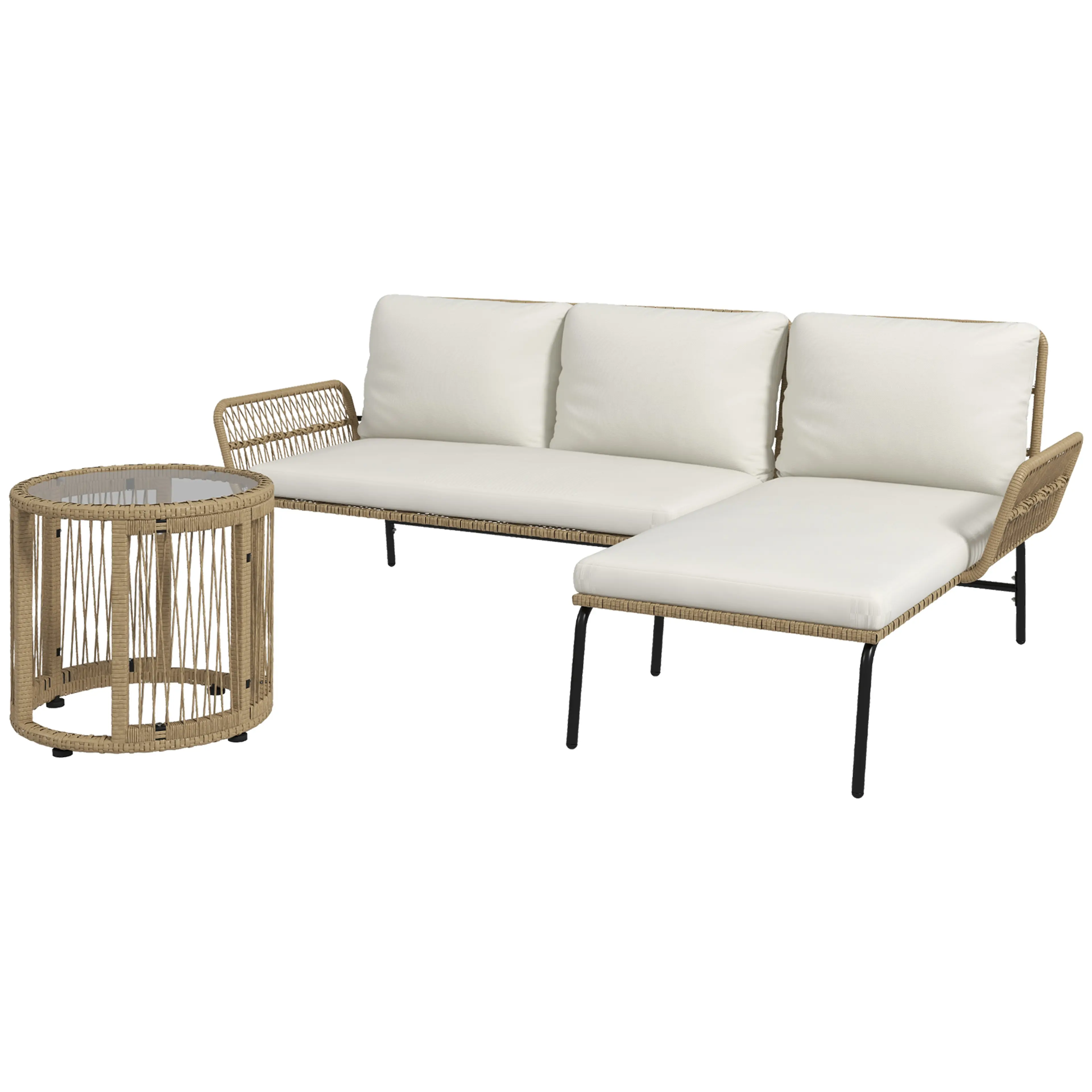 Loungeset i rotting med soffa, schäslong och runt bord – soffa 122 × 79 × 75 cm