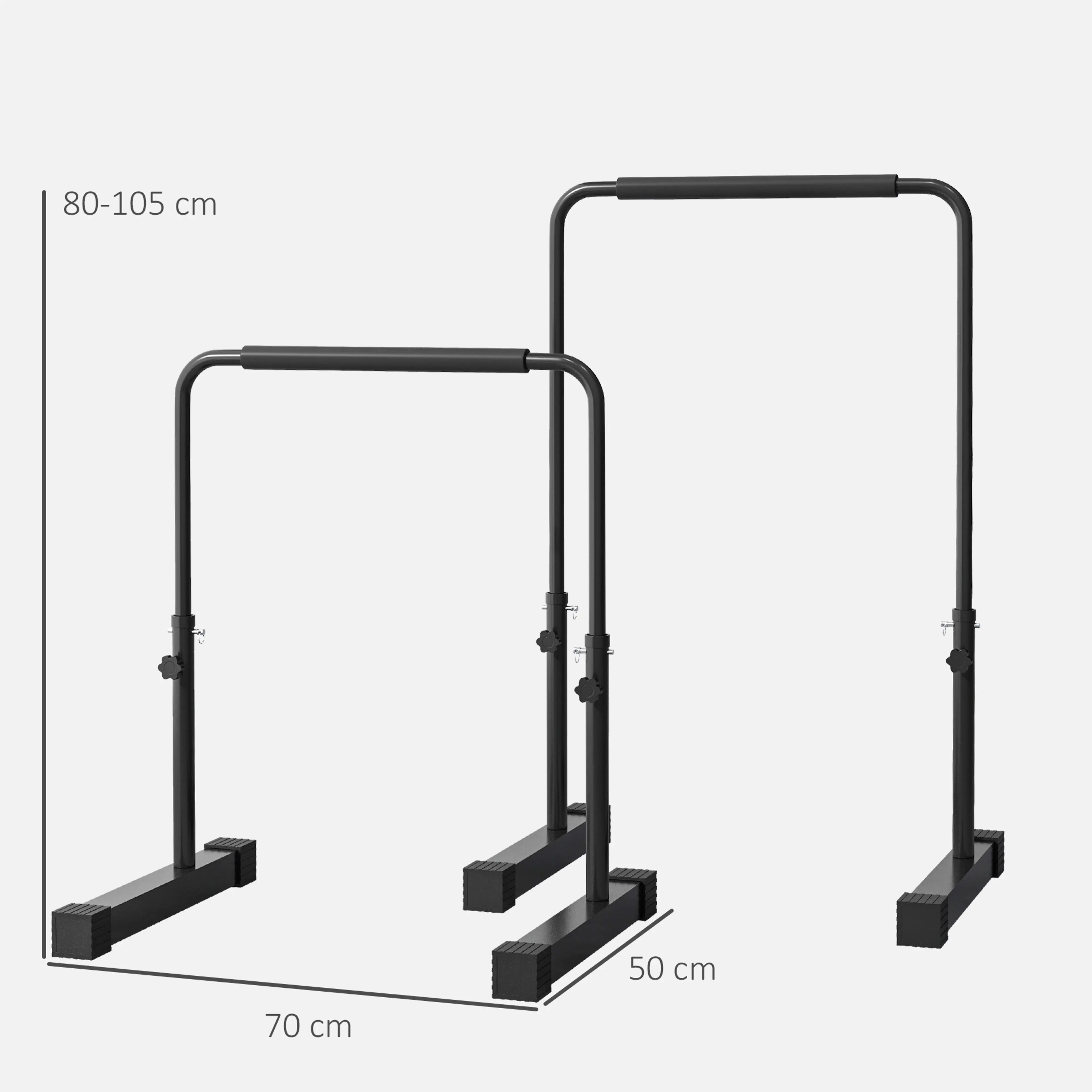 Måttbild: höjden går att ställa mellan 80 och 105 cm, och basen är 70 × 50 cm
