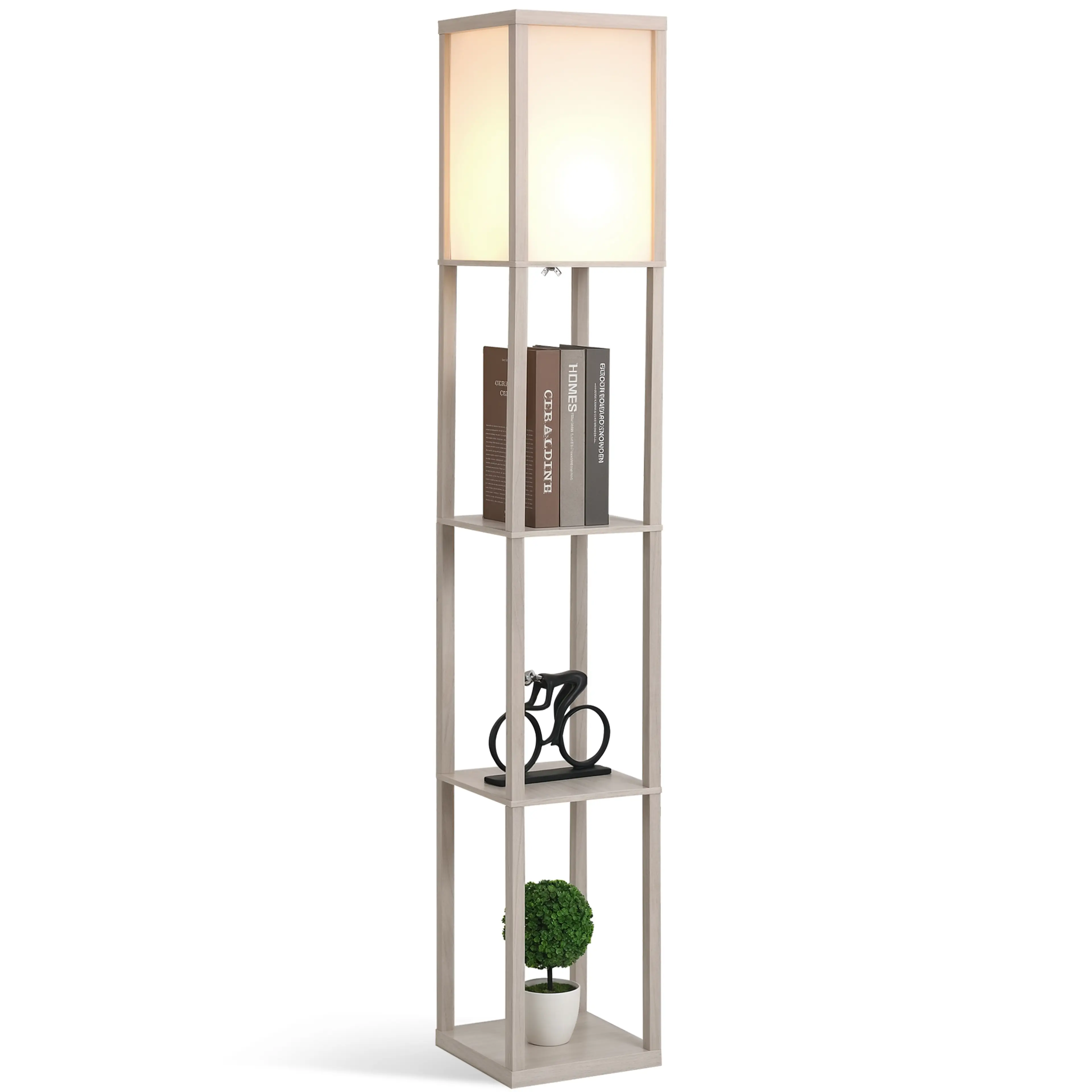 Golvlampa med hyllor – 3 plan för E27-lampa, modern design, brun