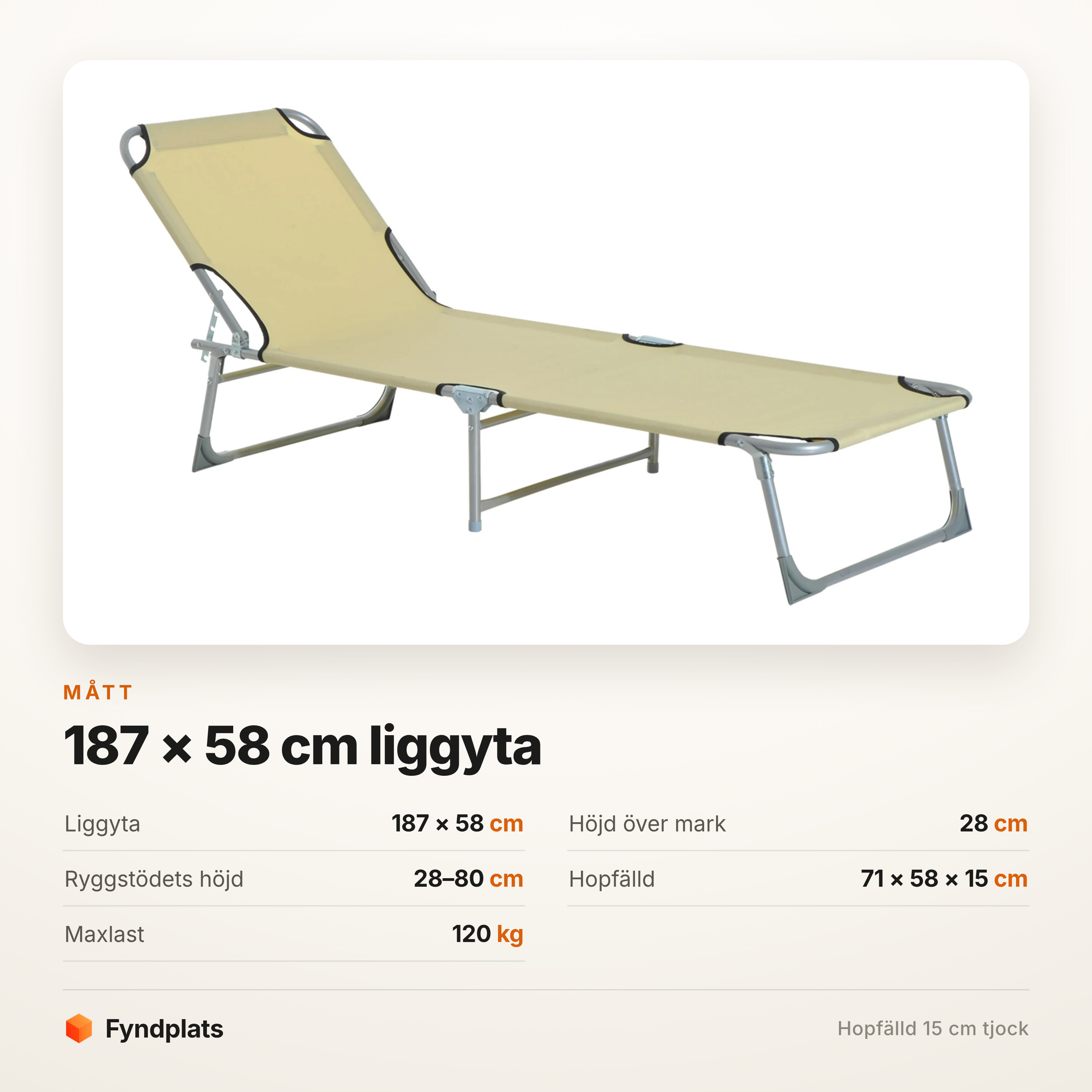 Måttkort för hopfällbar solsäng: liggyta 187 × 58 cm och hopfälld 71 × 58 × 15 cm