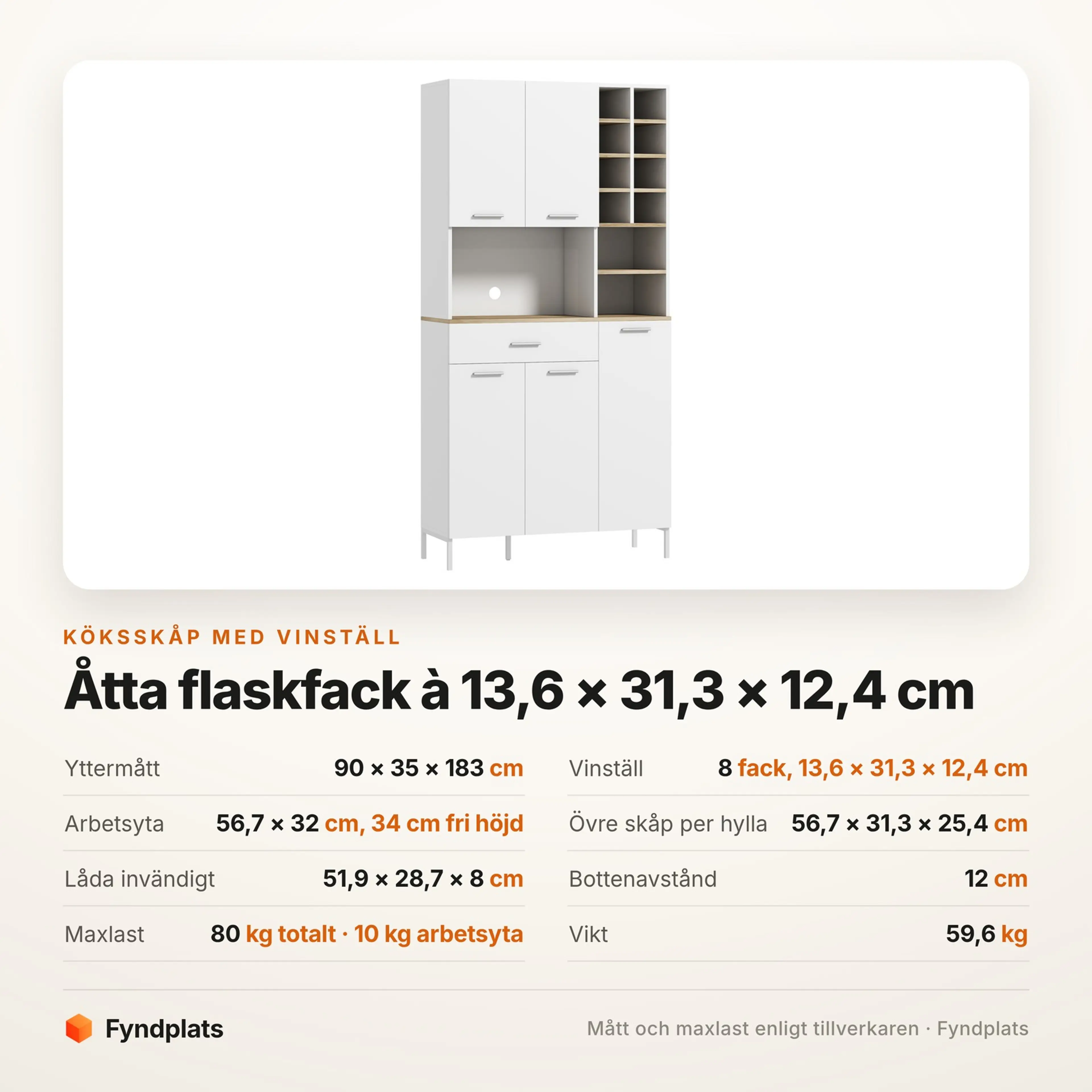 Spec-kort med mått och maxlast för köksskåpet med vinställ