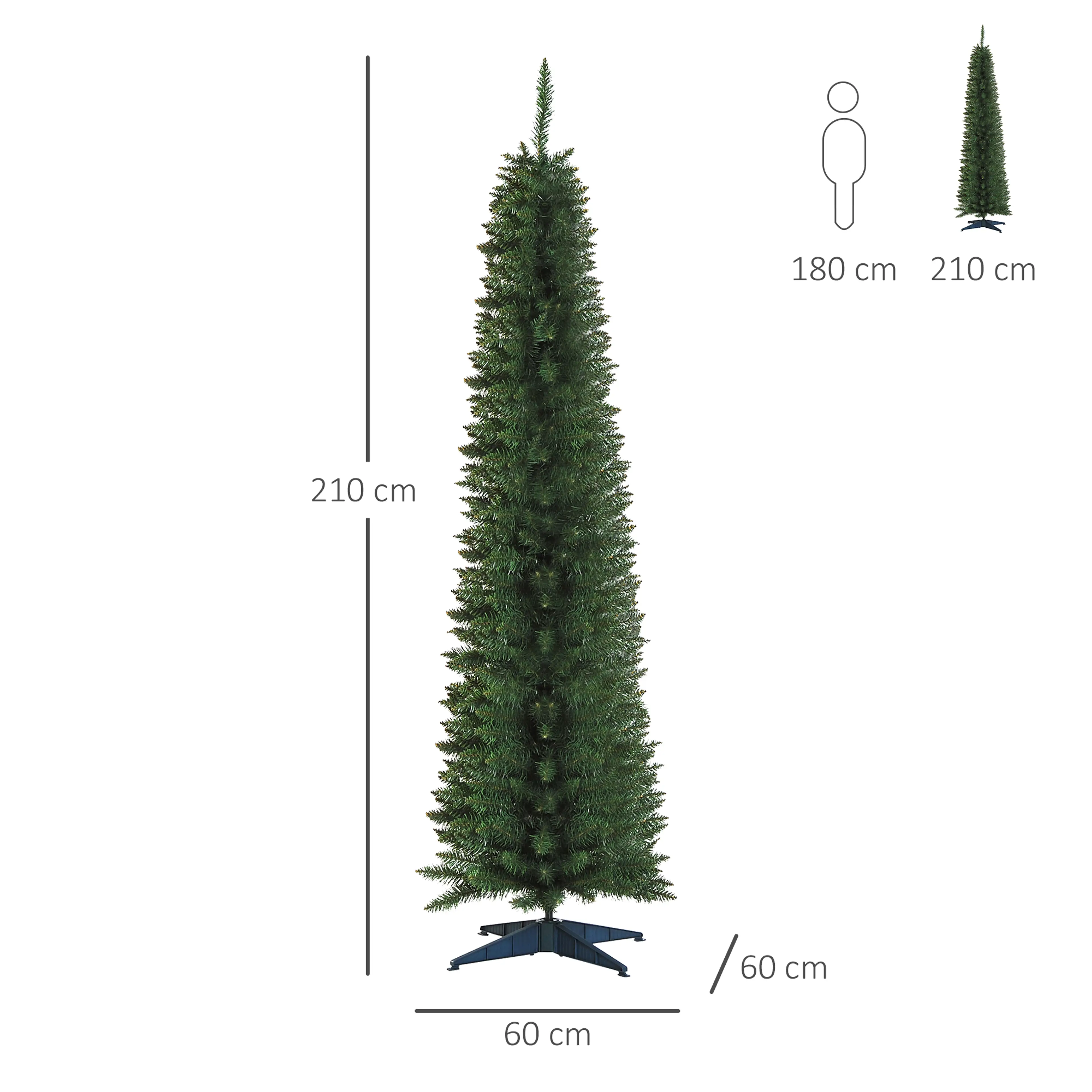 Måttbild: granen är 210 cm hög och Ø60 cm, bredvid en symbol för en person