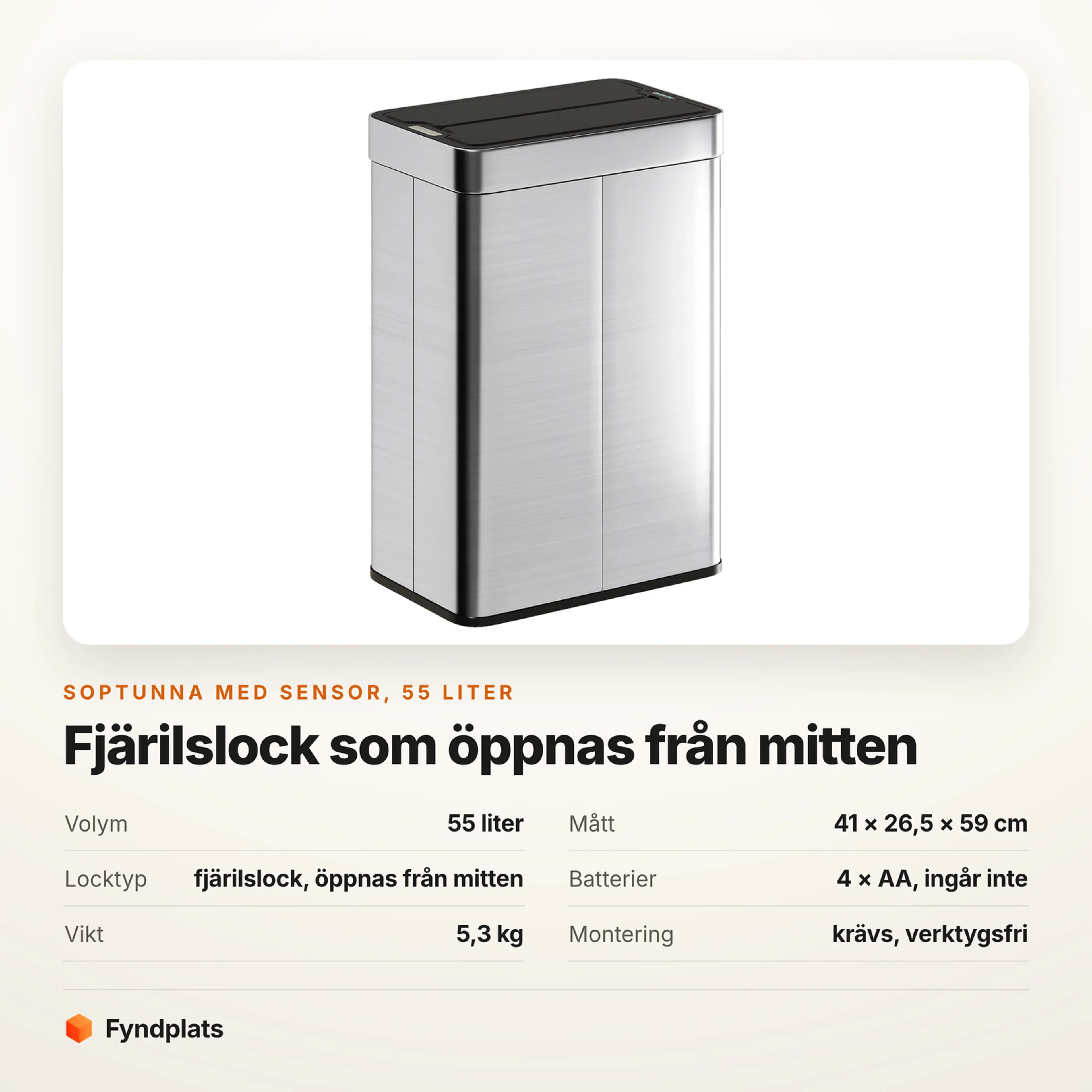 Faktakort: soptunna med sensor 55 liter, mått, locktyp och batterier