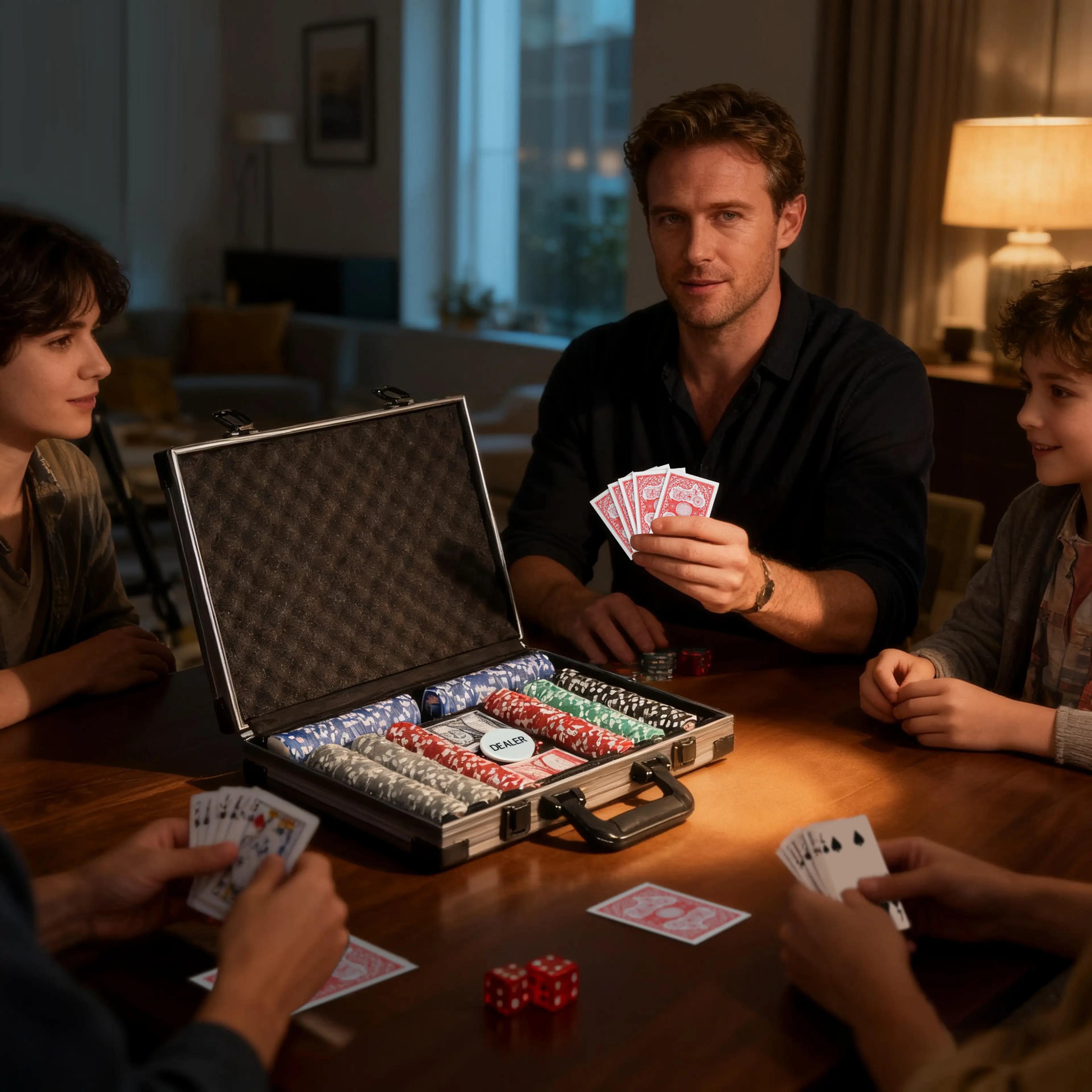 En familj spelar kort runt pokerväskan vid ett bord