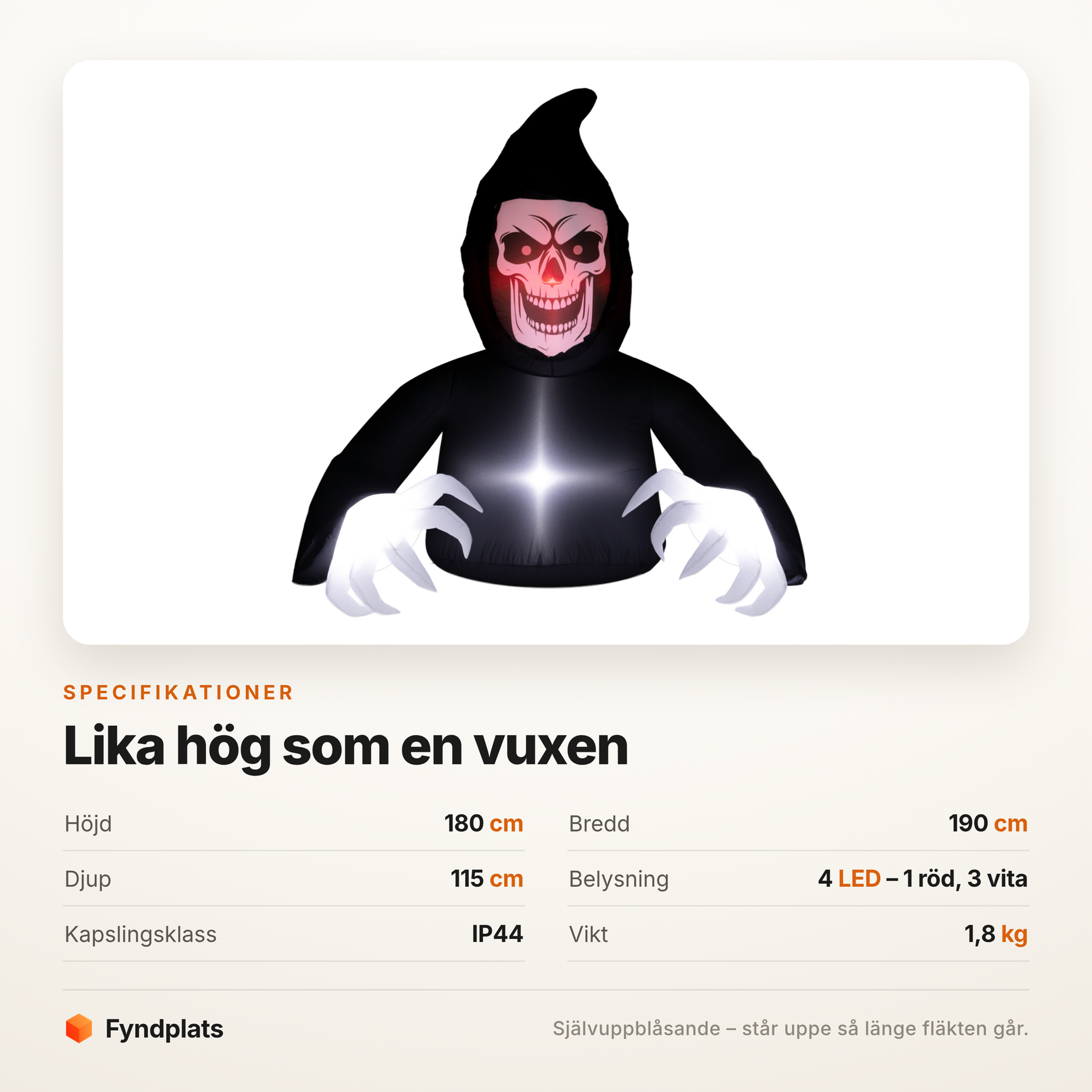 Specifikationer: 180 cm hög, 190 cm bred, 115 cm djup, fyra lysdioder och IP44