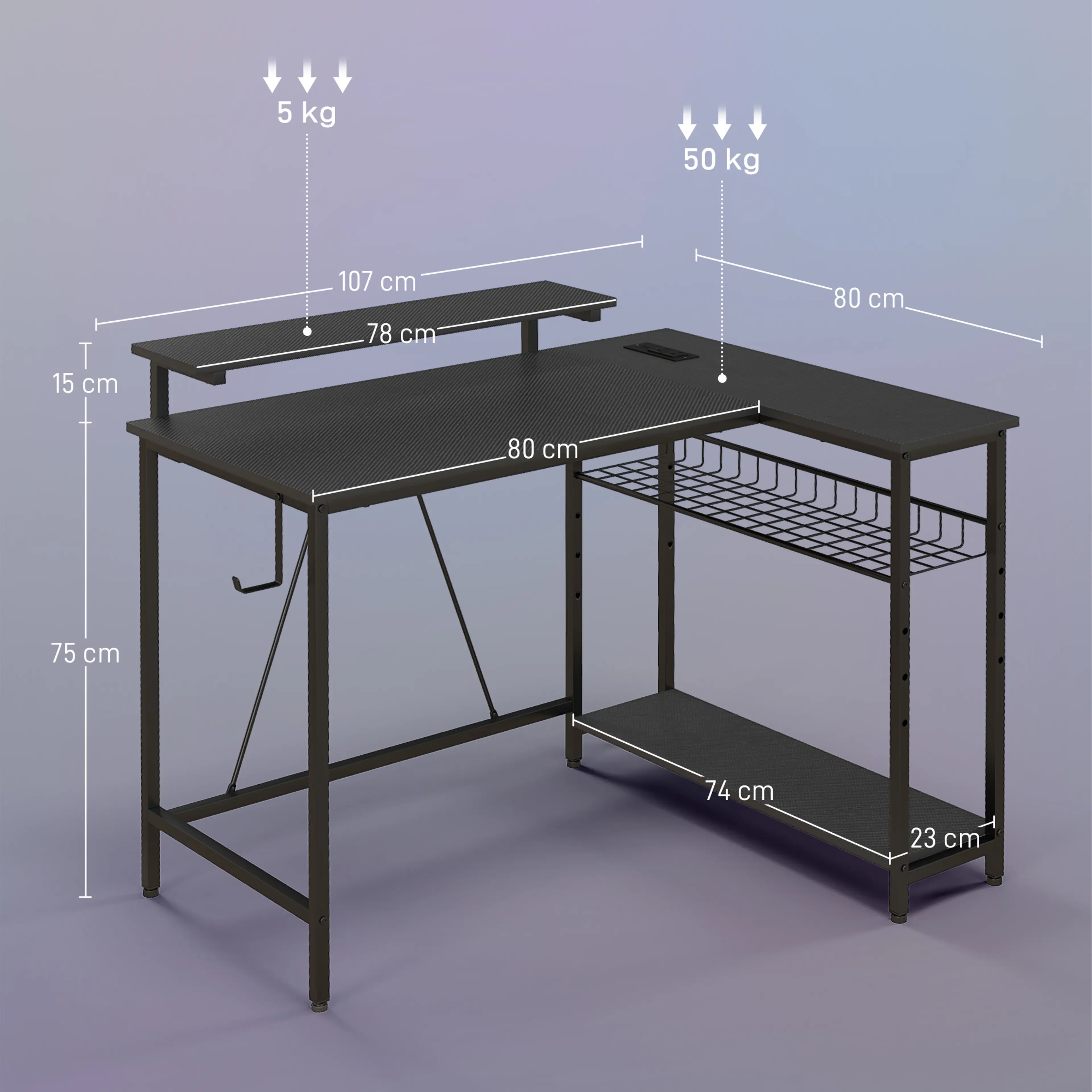 Måttritning för bordet: 107 × 80 cm, med 5 kg angivet på skärmhyllan och 50 kg på bordsskivan