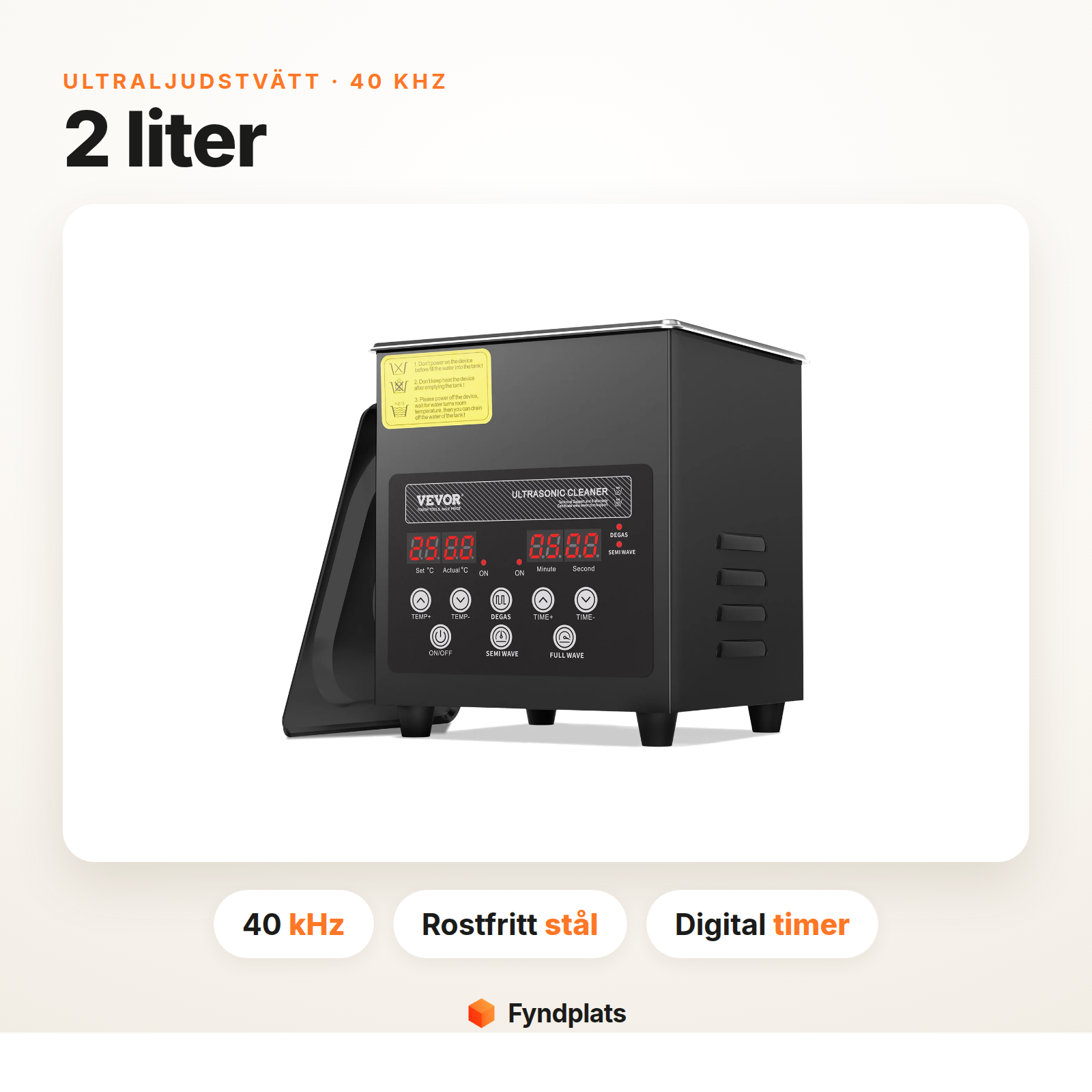 Infokort: ultraljudstvätt 2 liter med 40 kHz, rostfri tank och digital timer