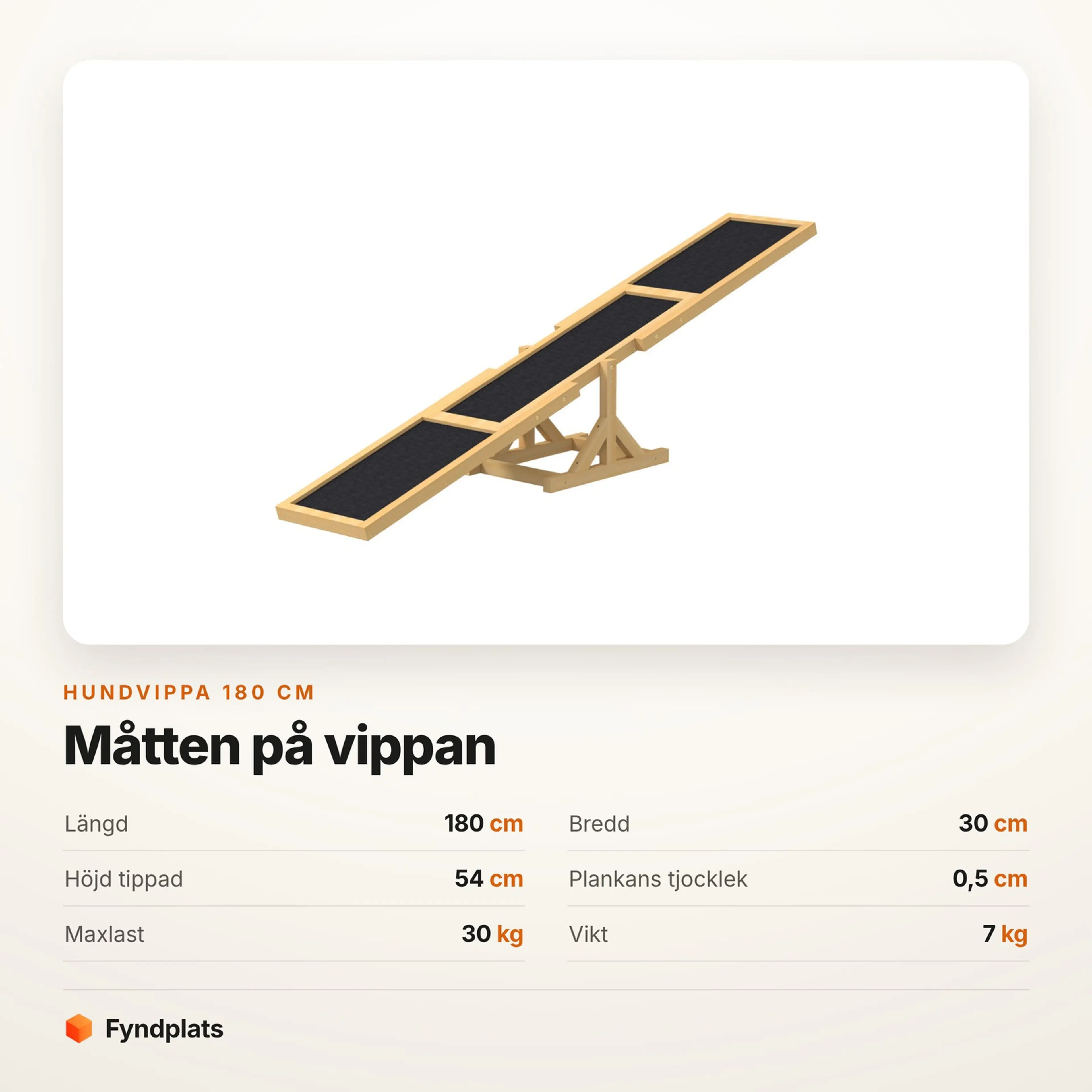 Spec-kort med hundvippans mått: 180 × 30 cm gångyta, 54 cm höjd i tippat läge och maxlast 30 kg
