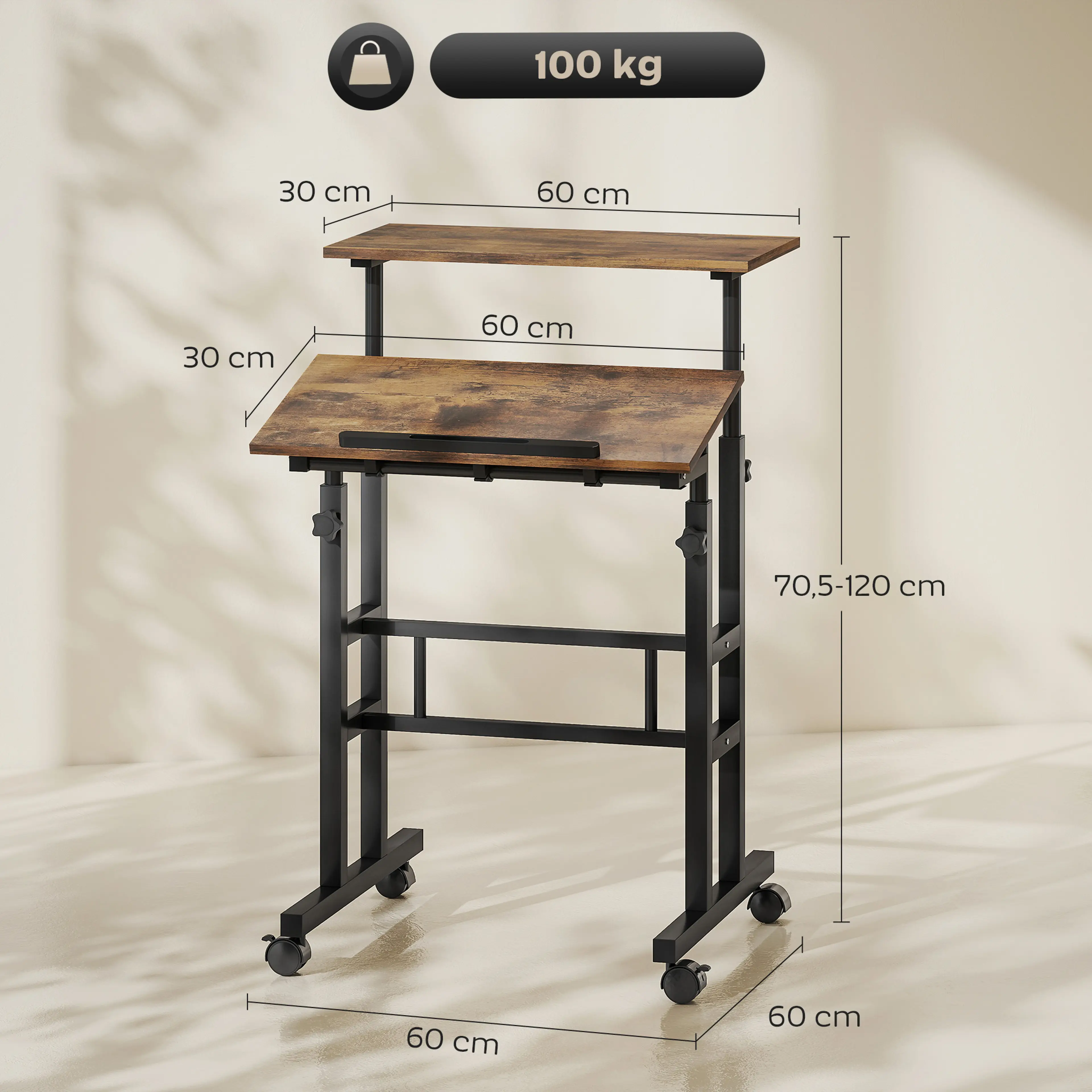 Måttbild: skivorna är 60 × 30 cm var, höjden 70,5–120 cm och skrivbordet bär 100 kg