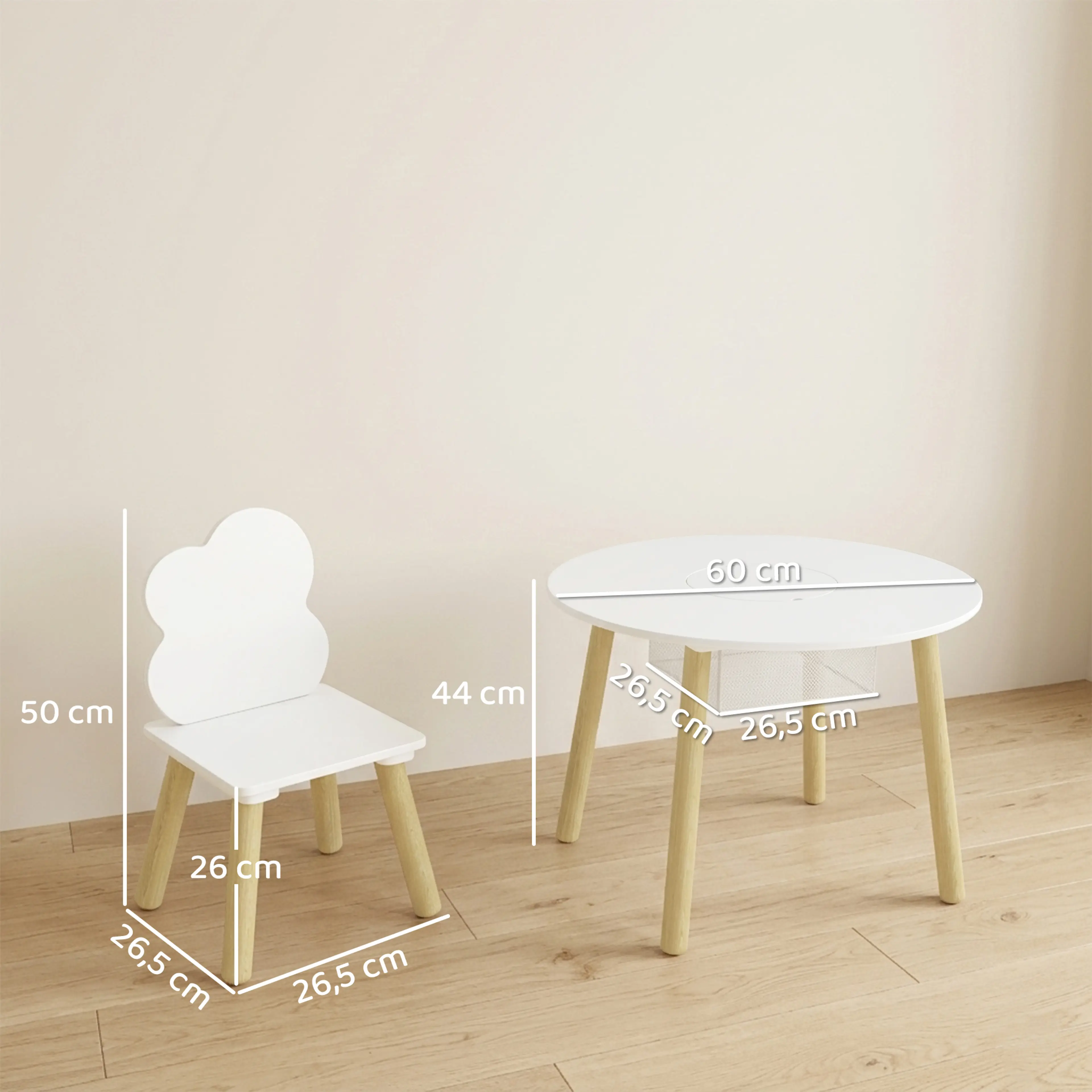 Måttbild: bordet är 60 cm i diameter och 44 cm högt, stolarna 50 cm höga