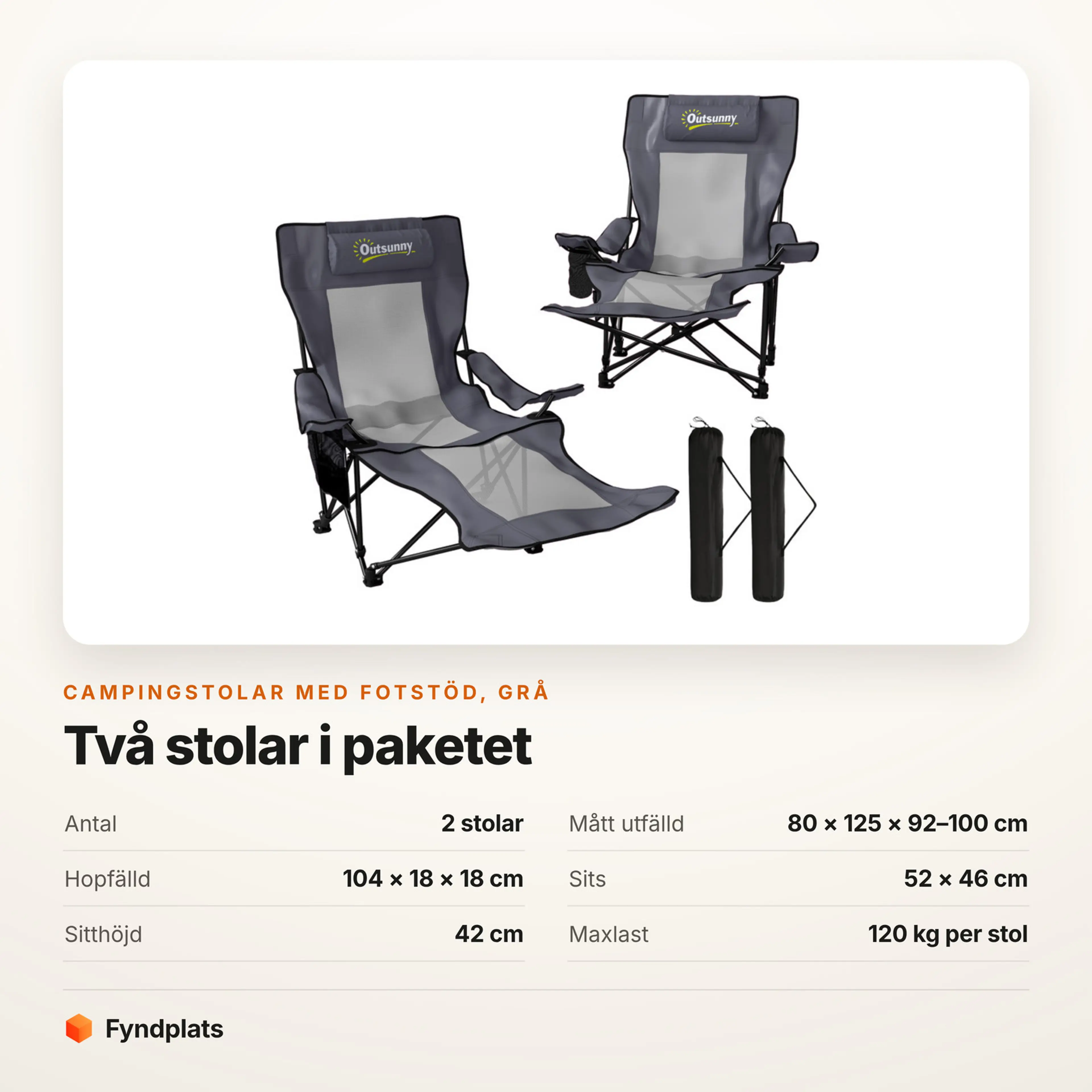 Faktakort: campingstolar 2-pack, mått, sitthöjd och maxlast