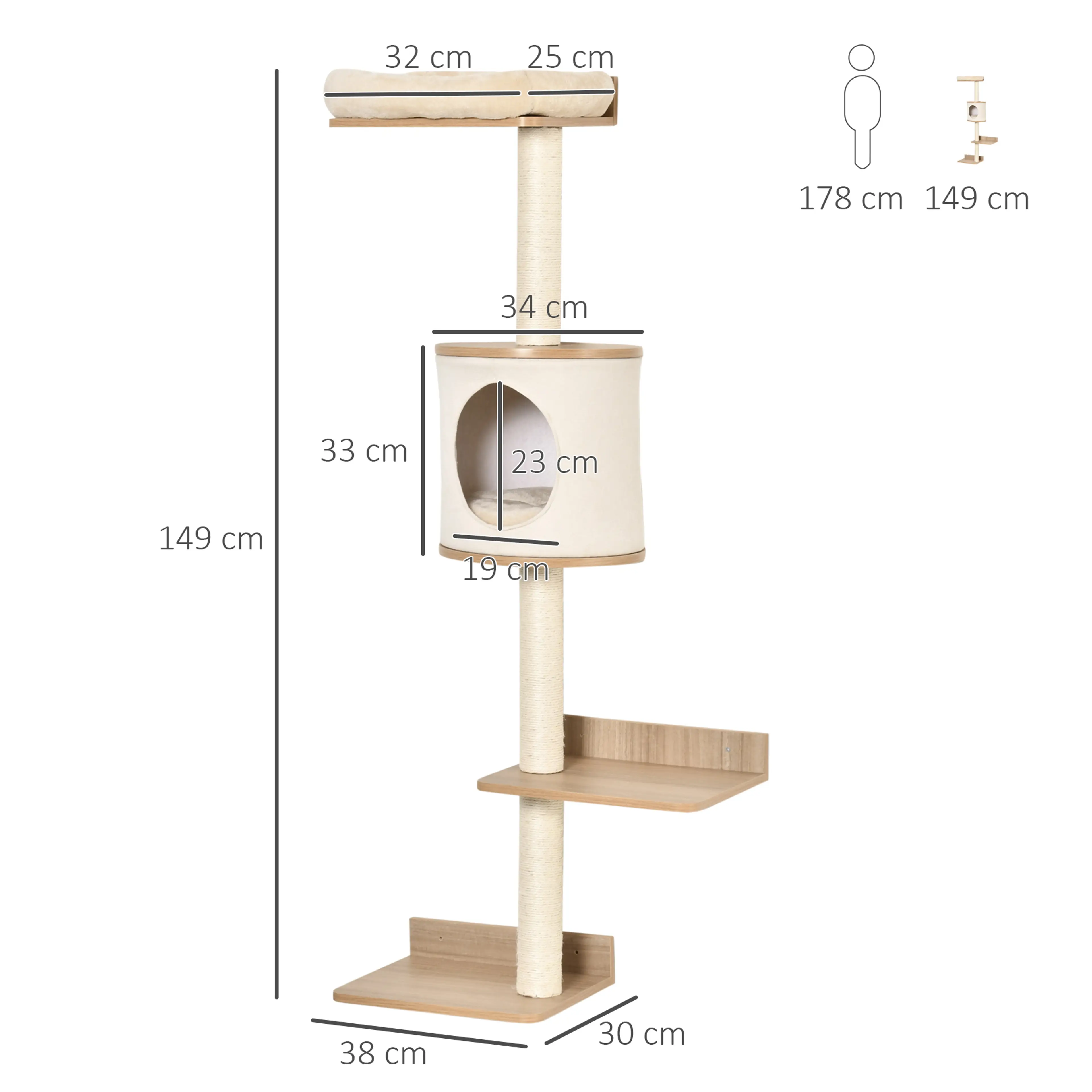 Måttskiss: 149 cm högt, 38 cm brett, 30 cm djupt, grotta 34 cm