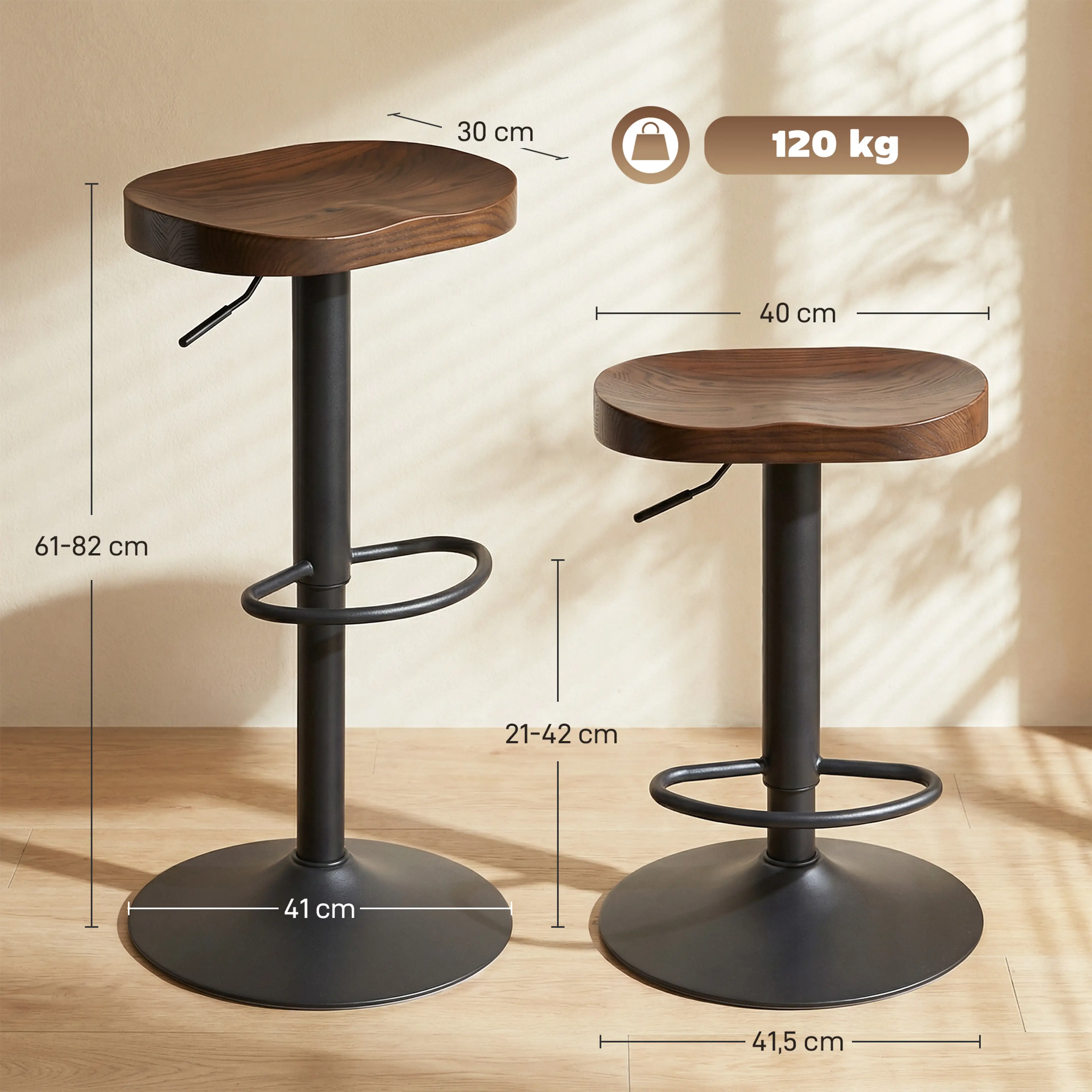 Måttskiss med sitthöjd 61–82 cm, sits 40 × 30 cm och fot Ø41 cm, med märkning för 120 kg belastning