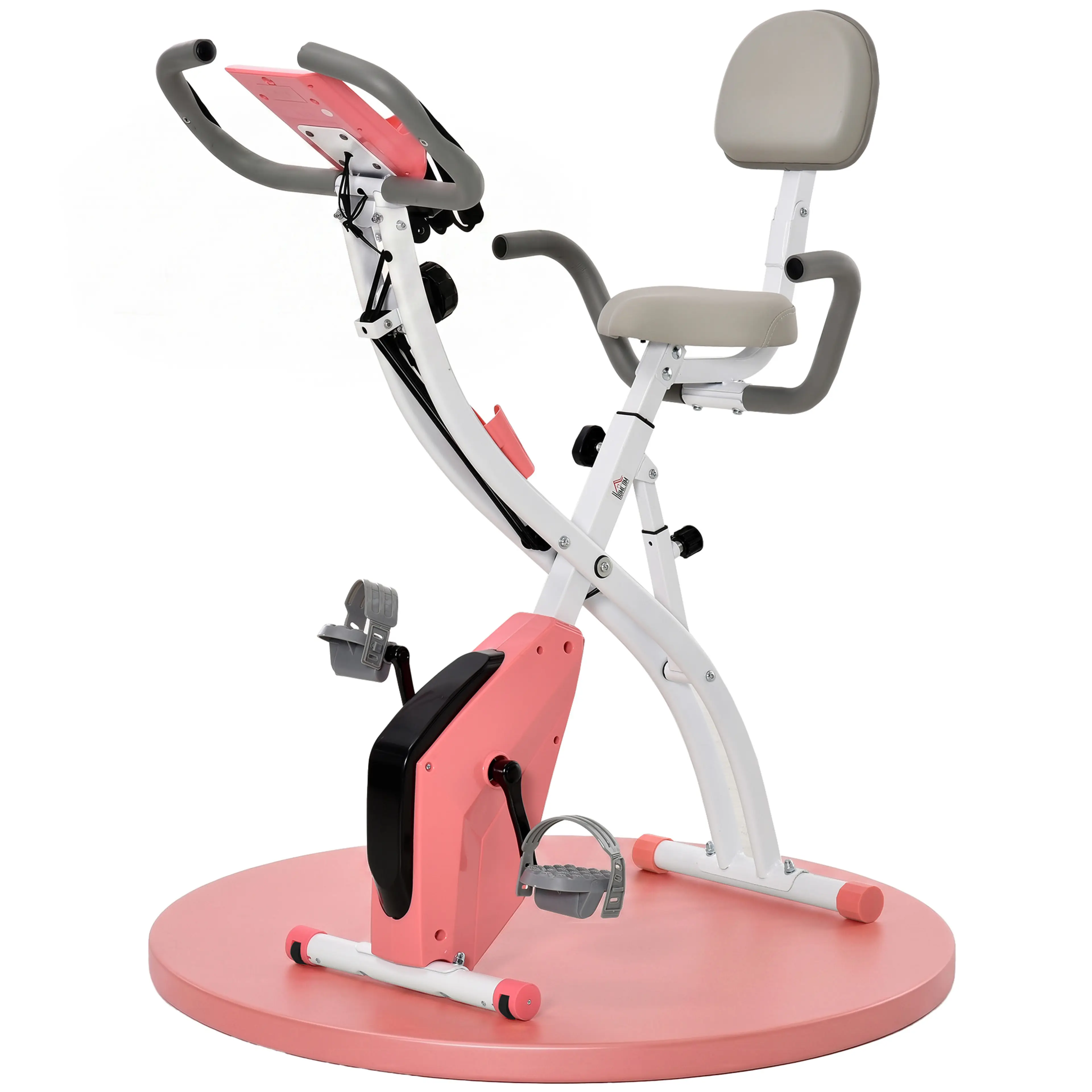 Motionscykel med ryggstöd och träningsband för armarna, hopfällbar i färgen rosa och vit