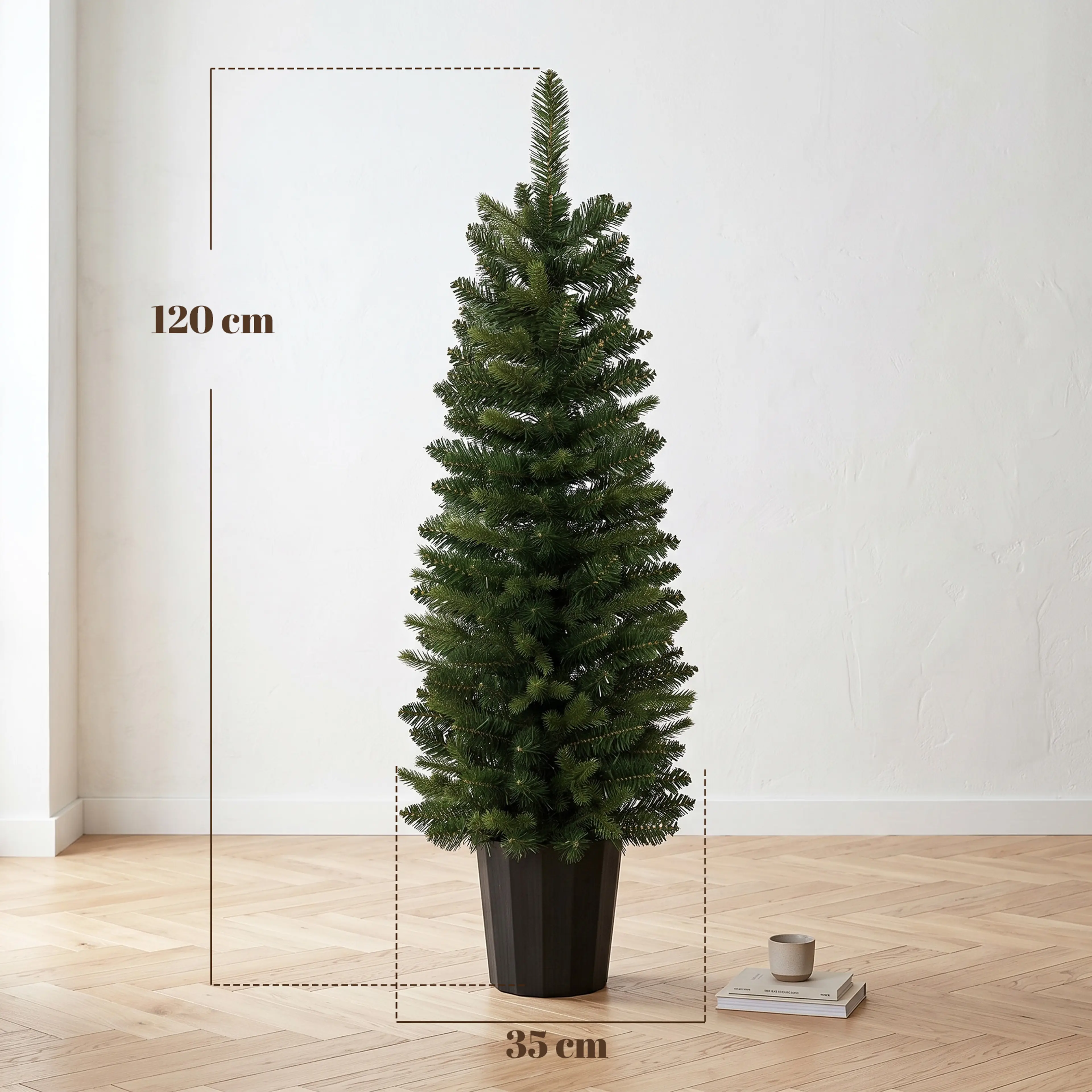 Måttbild: granen är 120 cm hög och 35 cm i diameter