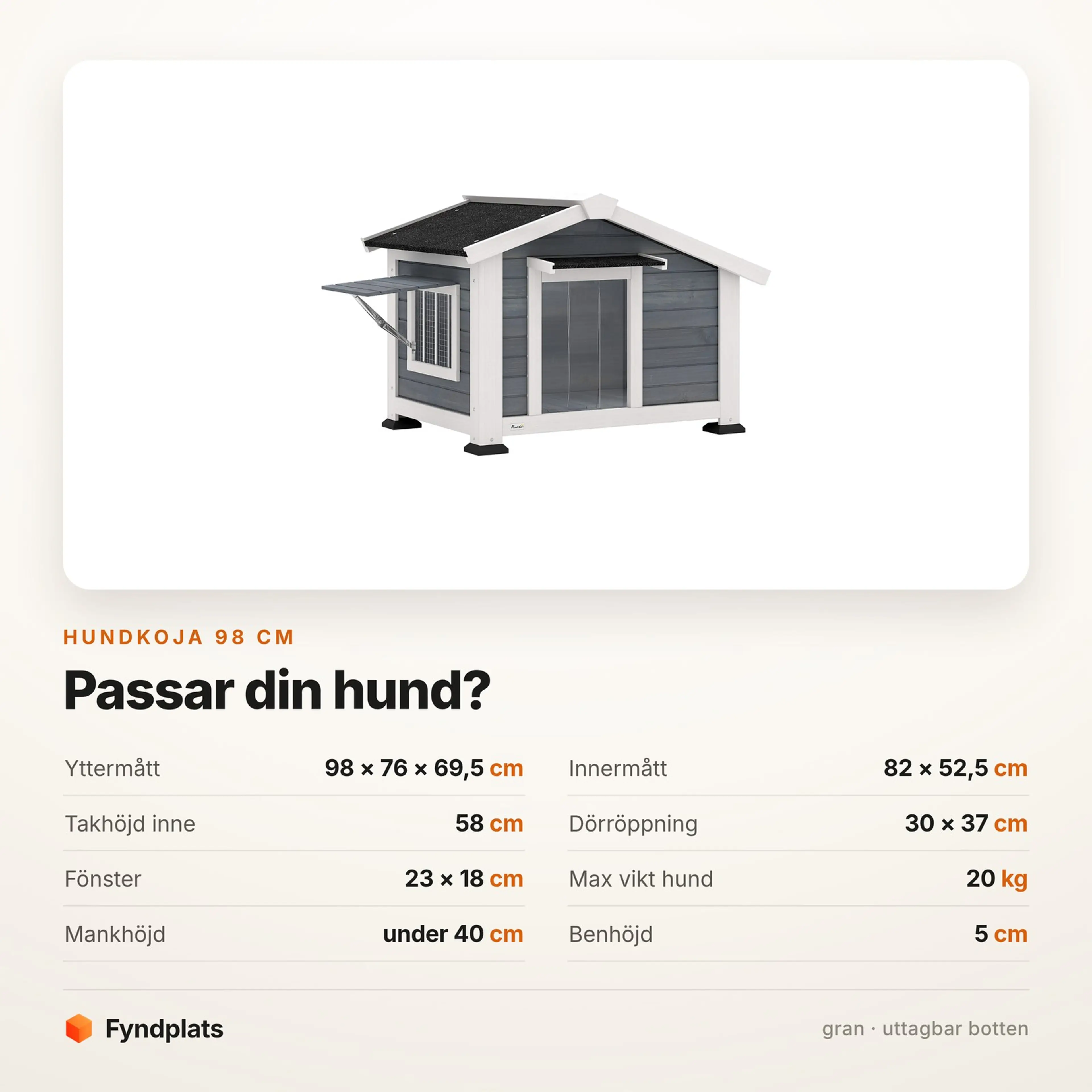 Faktakort: hundkoja 98 cm i gran med uttagbar botten — mått och högsta hundvikt
