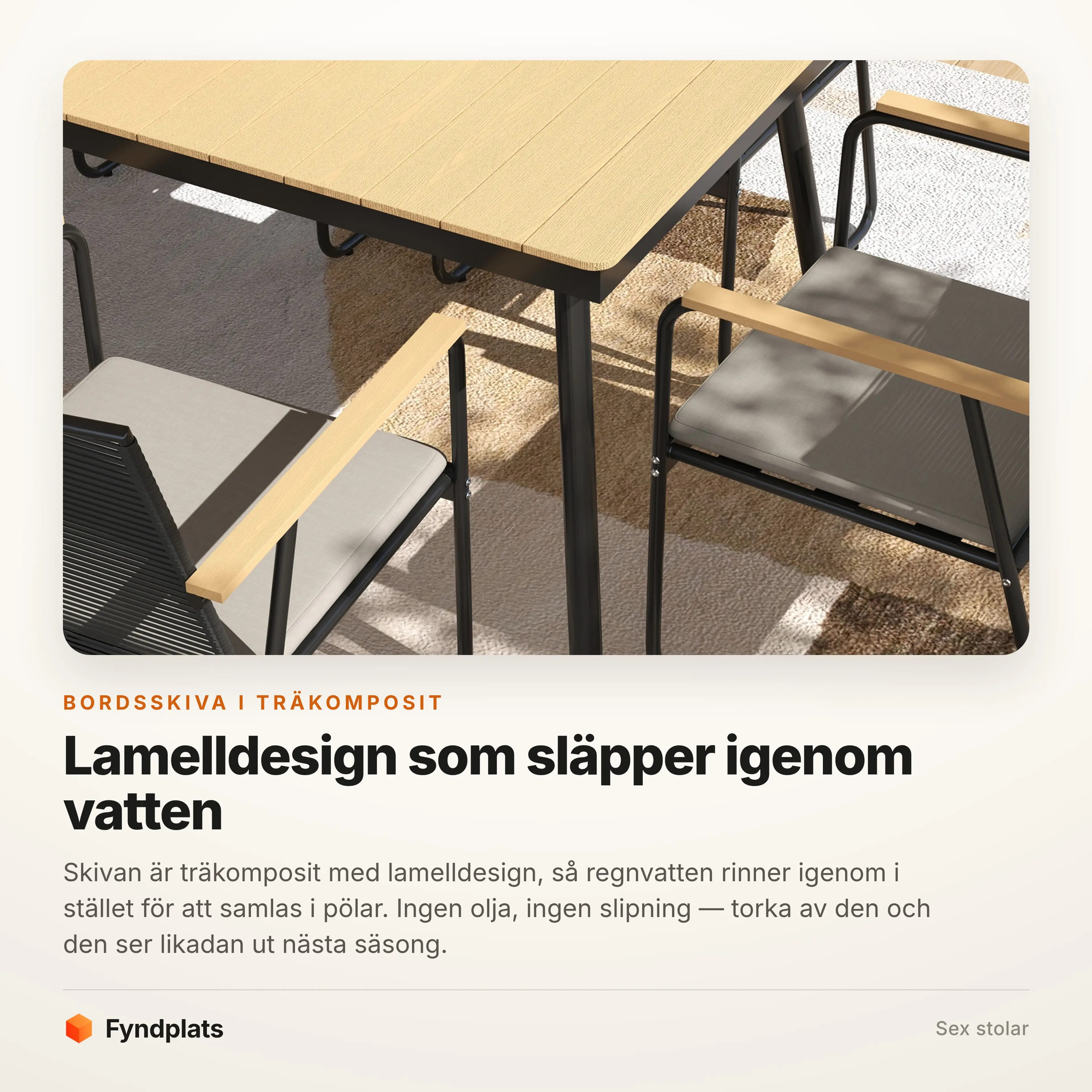Närbild på bordsskivans lameller i träkomposit
