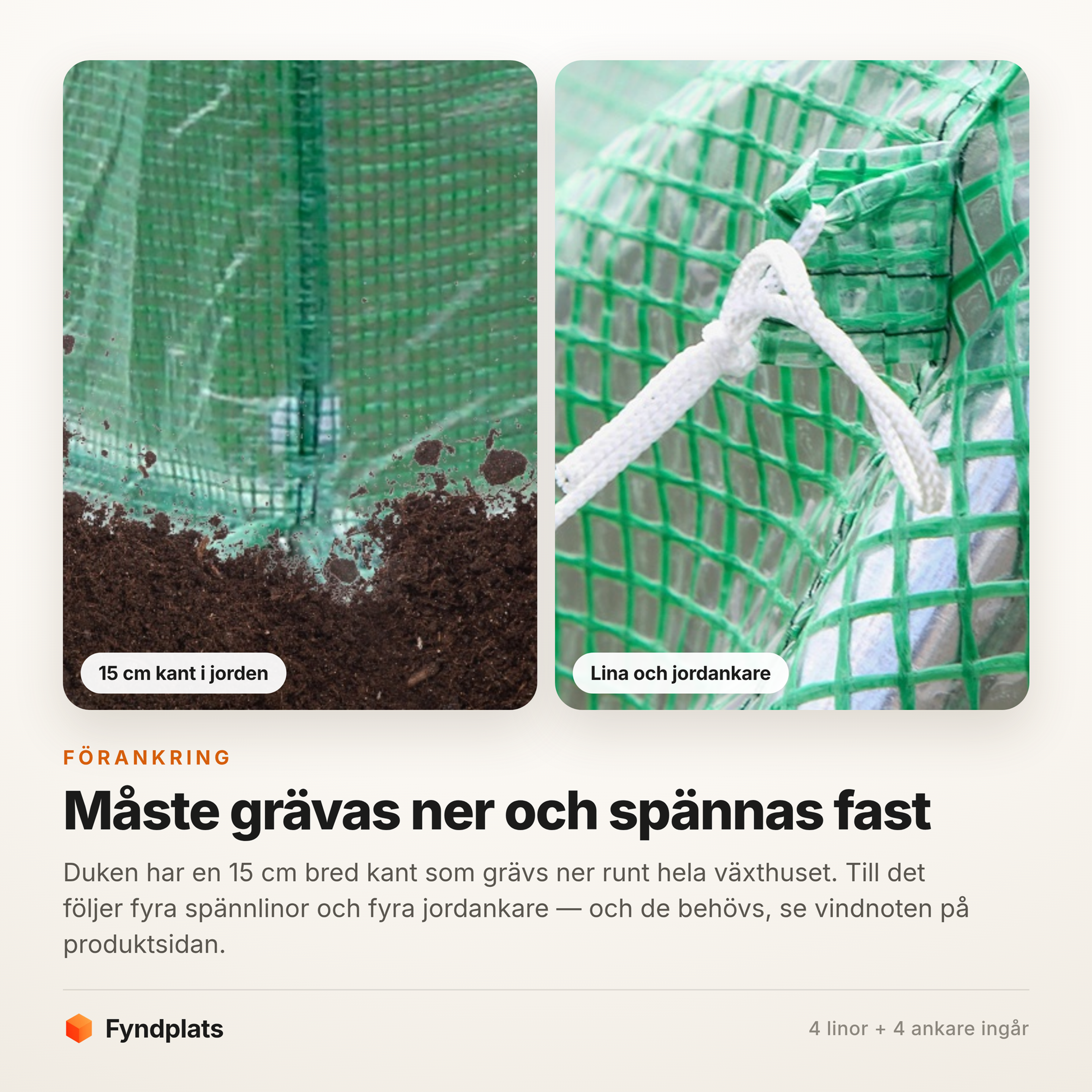 Dukens 15 cm breda kant grävs ner och spänns fast med lina och jordankare