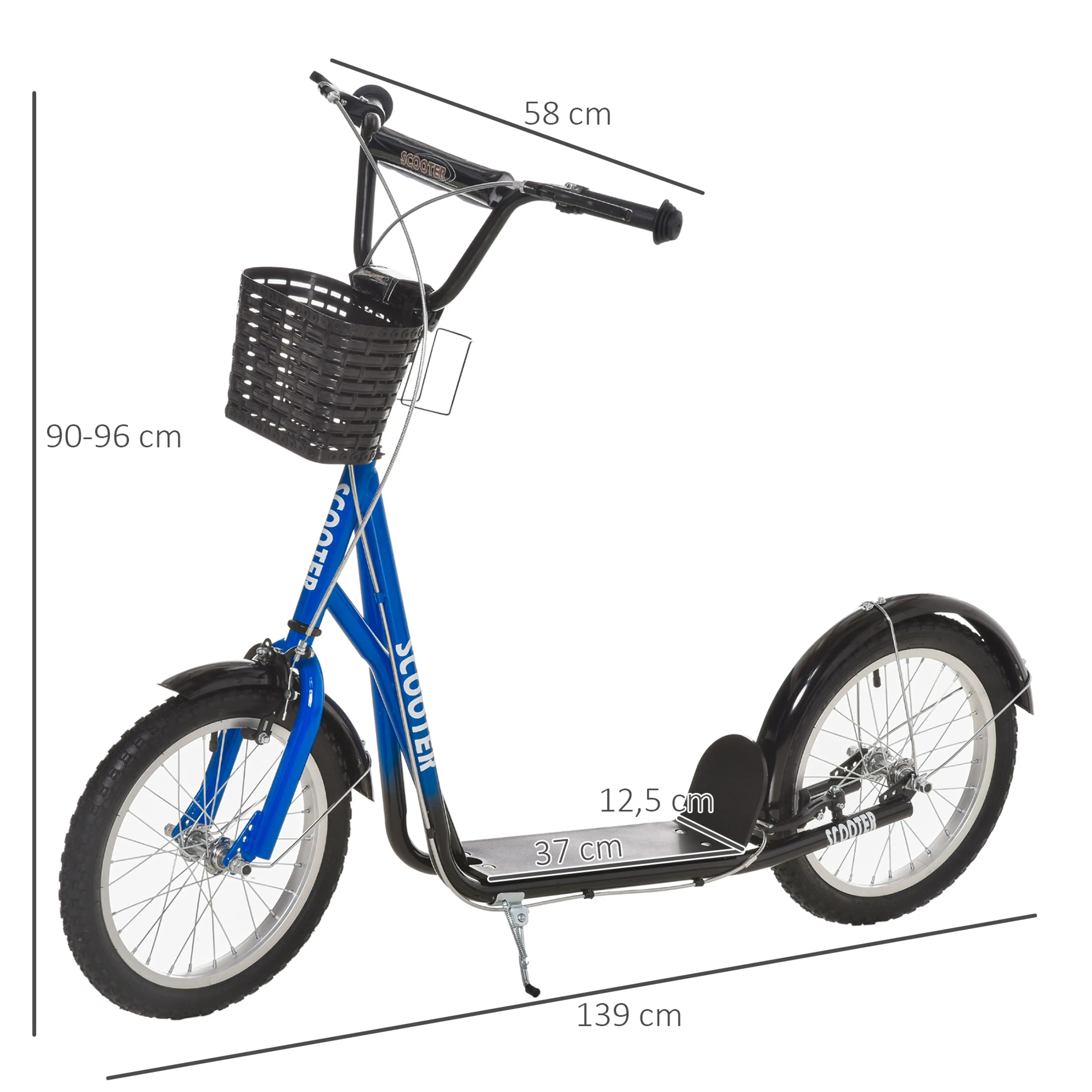 Måttritning för sparkcykel med korg: 139 cm lång, 58 cm bred, fotplatta 37 cm