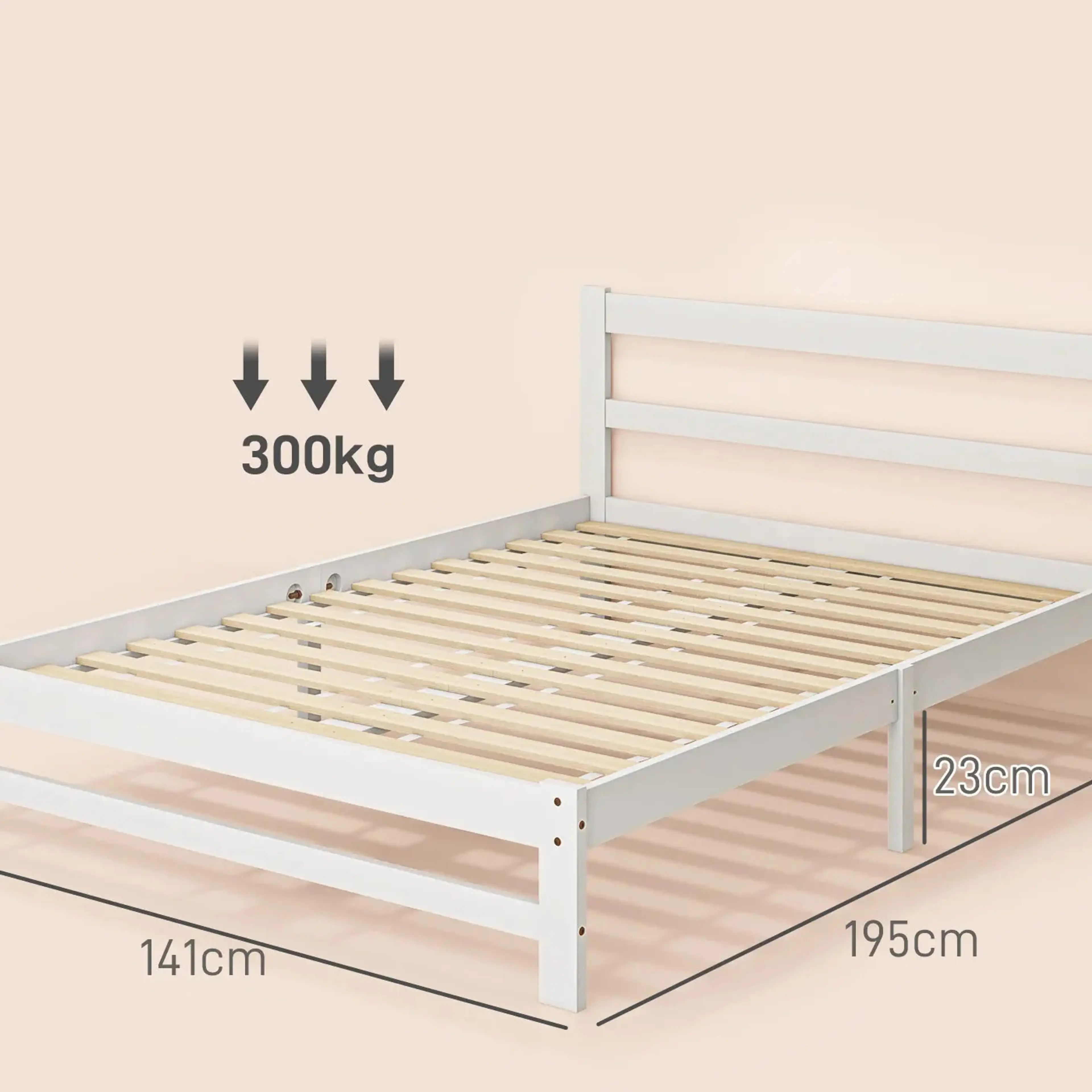 Måttritning för sängramen: 195 × 141 cm, gavel 80 cm och 23 cm fri höjd under