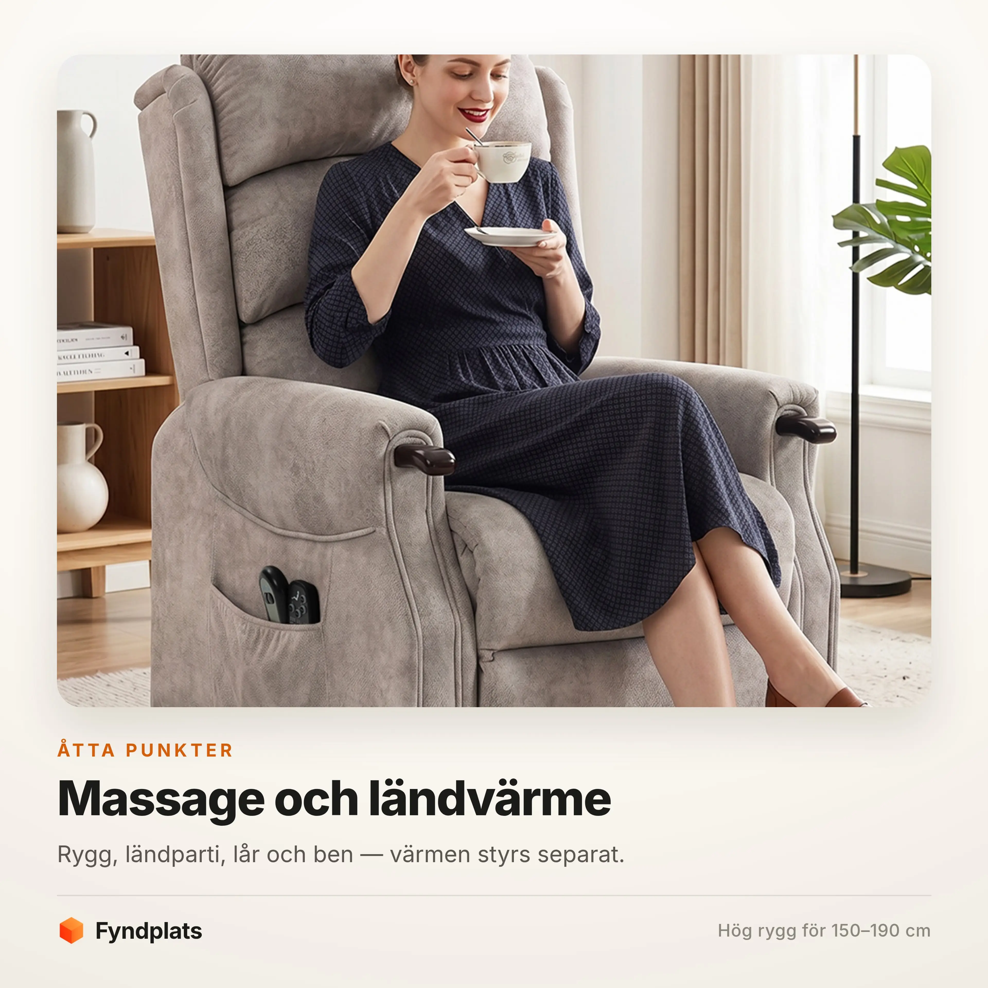 Åtta massagepunkter över rygg, ländparti, lår och ben