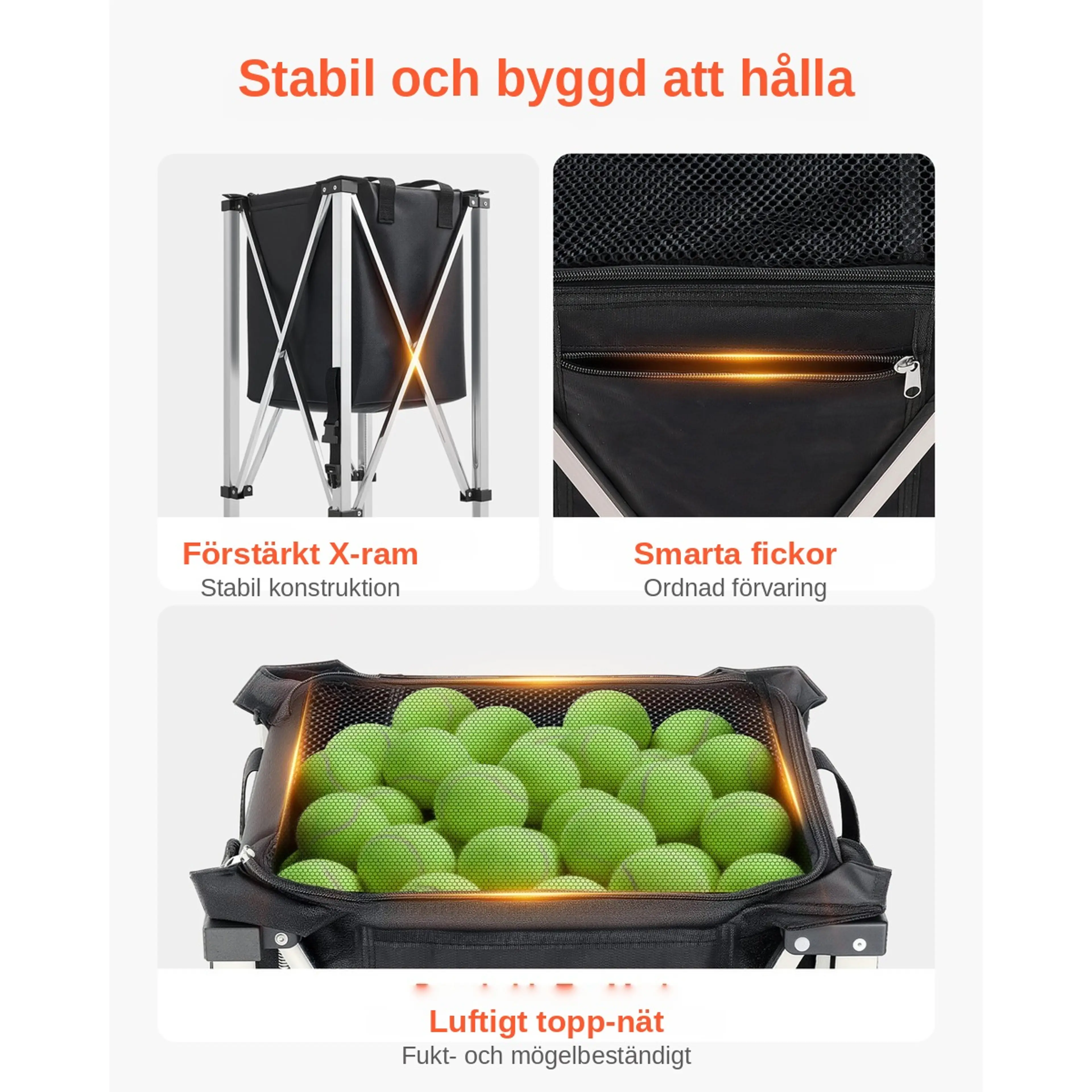Tennisbollsvagn med förstärkt X-ram i rostfritt stål och luftigt nättopp