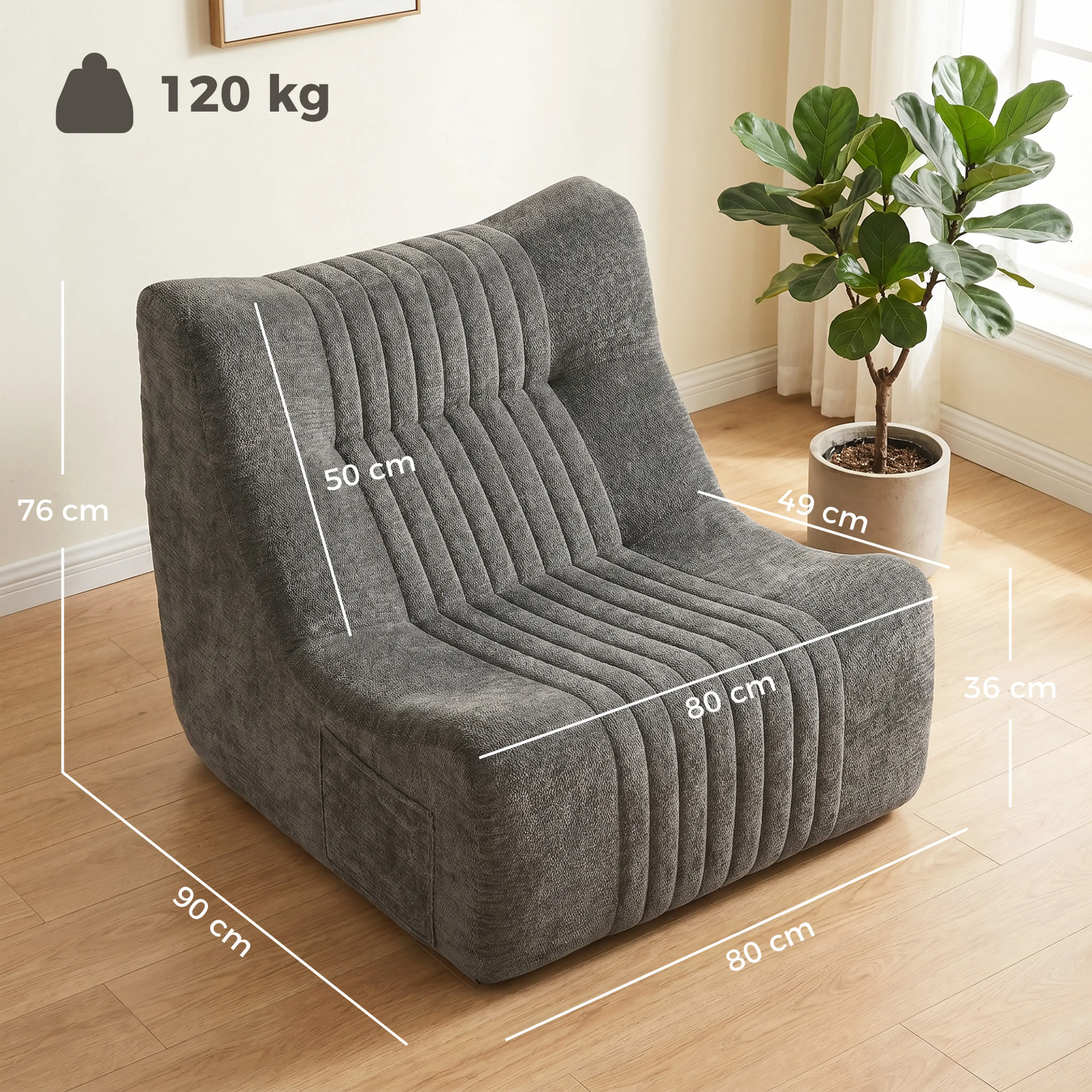 Den 36 cm tjocka sitsen i chenillegolvfåtöljen, närbild