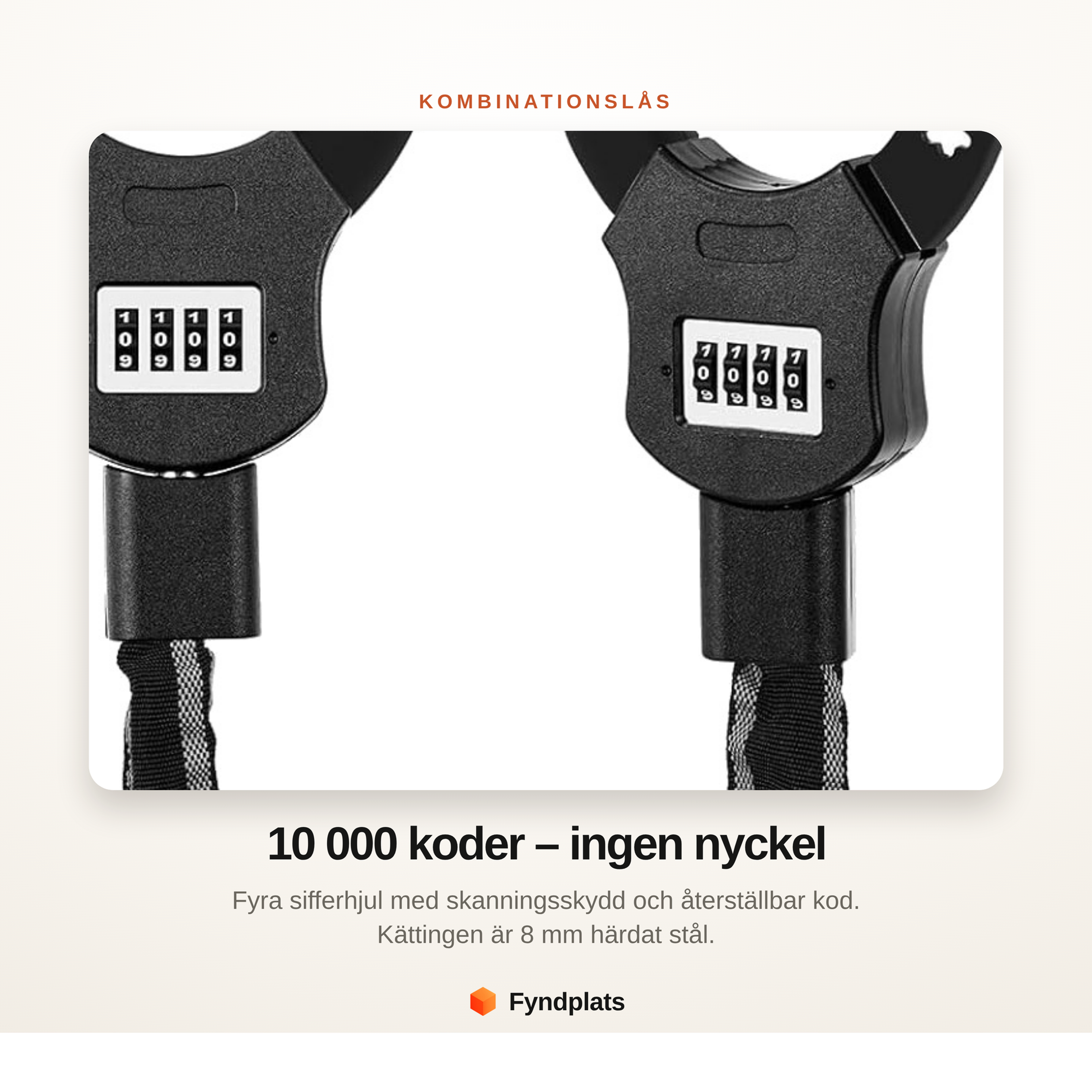 Kombinationslås med 10 000 koder och 8 mm härdad stålkätting
